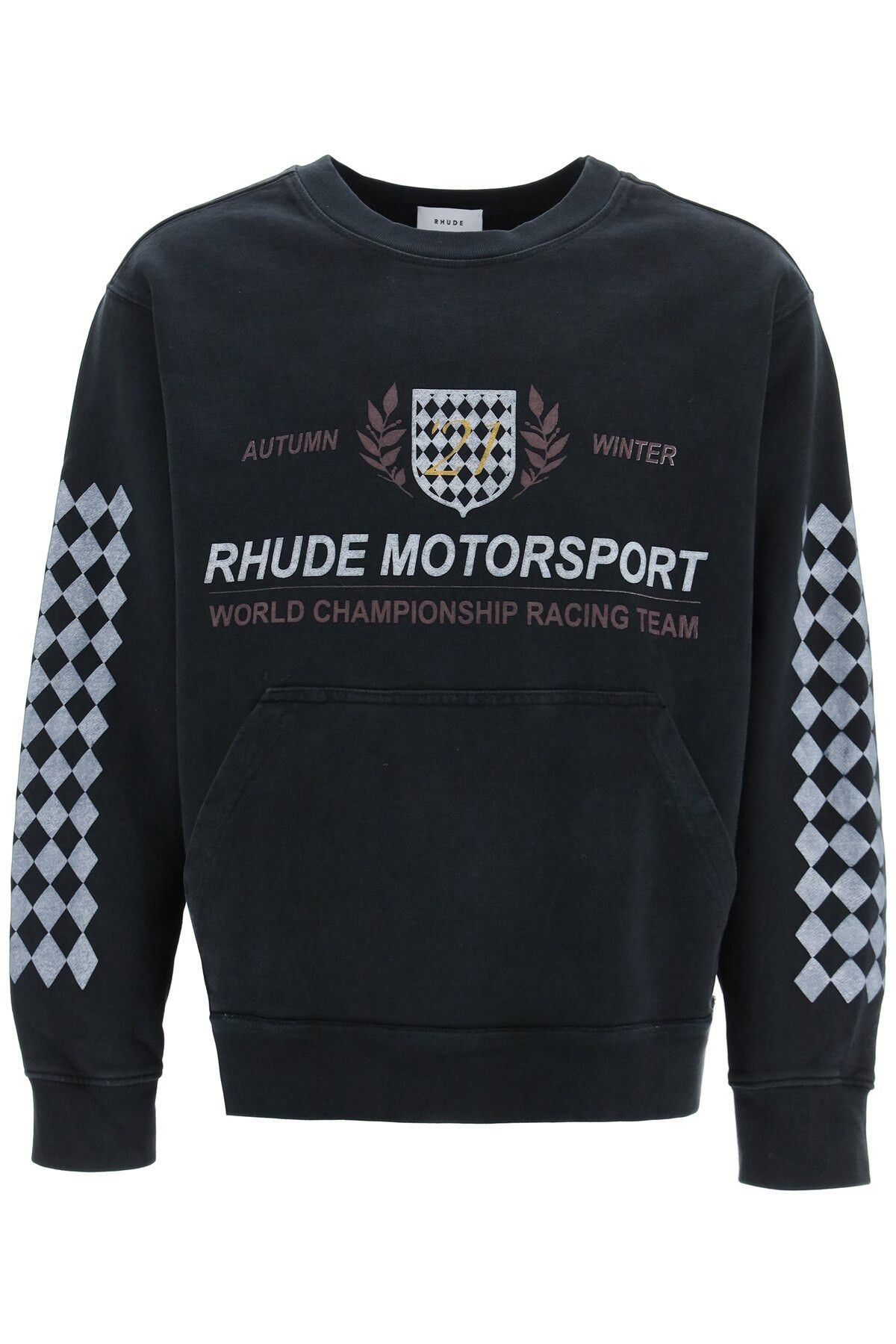 image of Rhude Motor Crest Logo Print Sweatshirt in Black, Men's (Size Large)