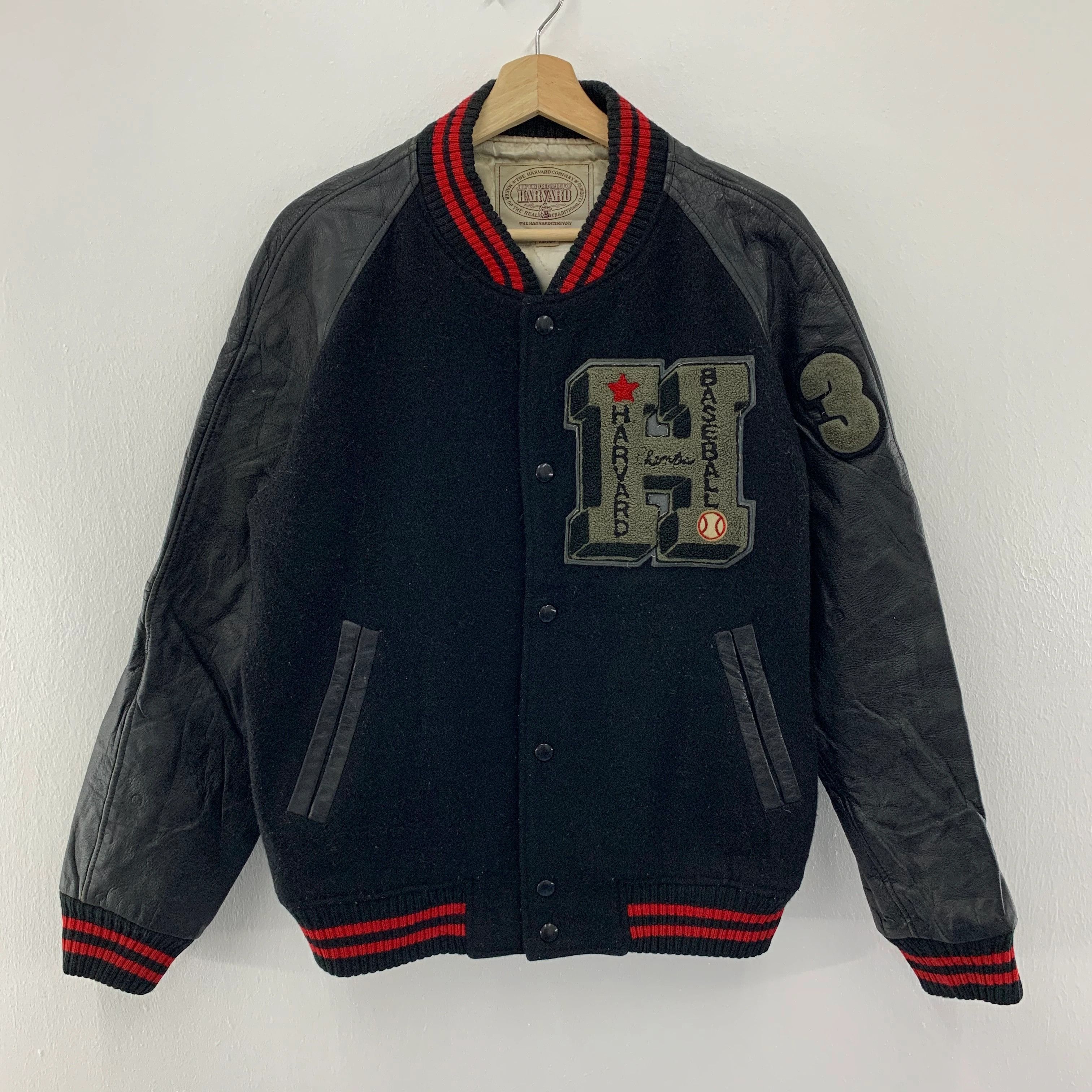 image of Vintage Harvard Baseball Varsity Jacket in Black/Gray, Men's (Size Large)