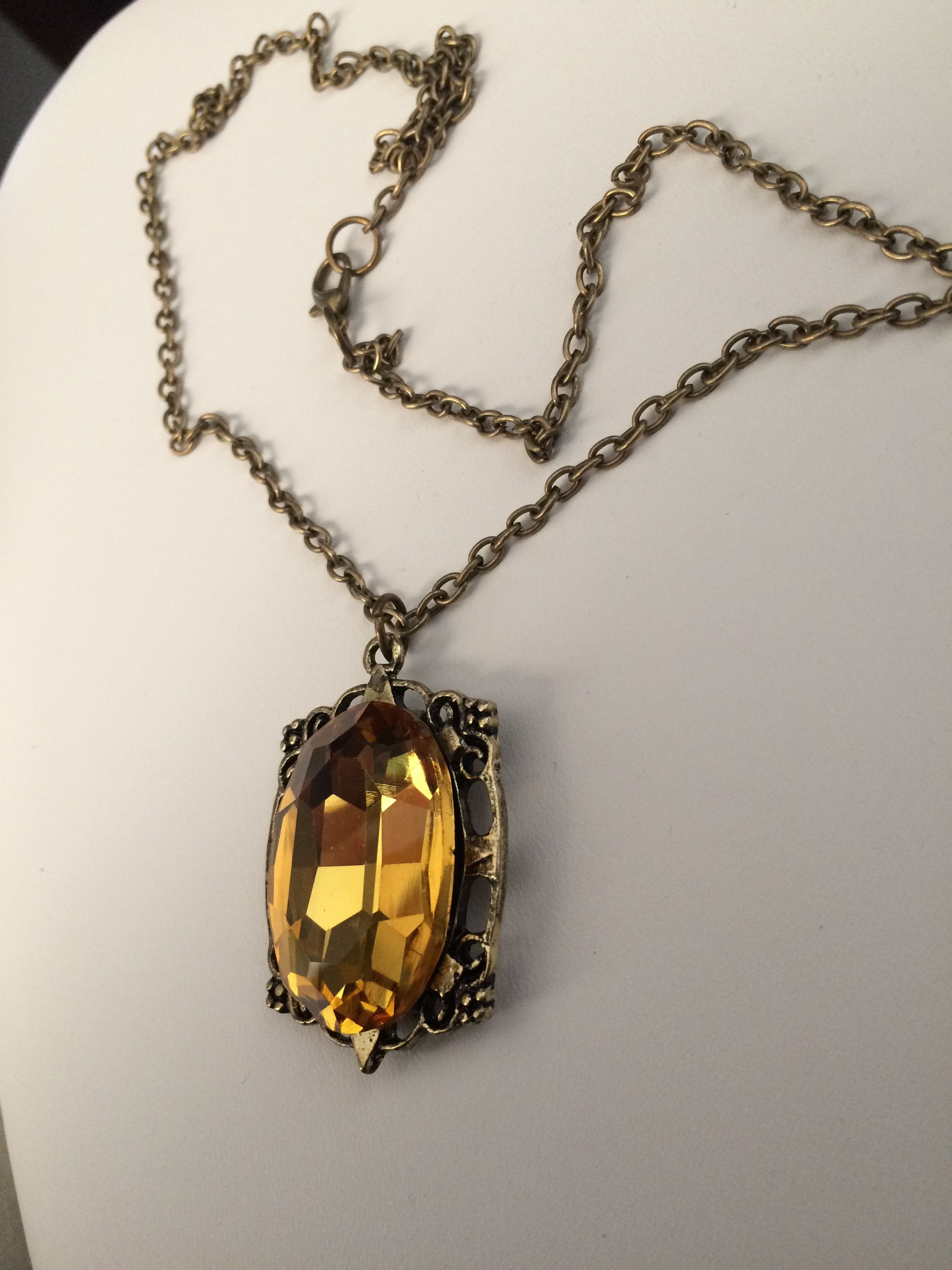 Jewelry × Vintage Big Orange CZ Bronze Pendant Chain Necklace Size ONE SIZE - 2 Thumbnail