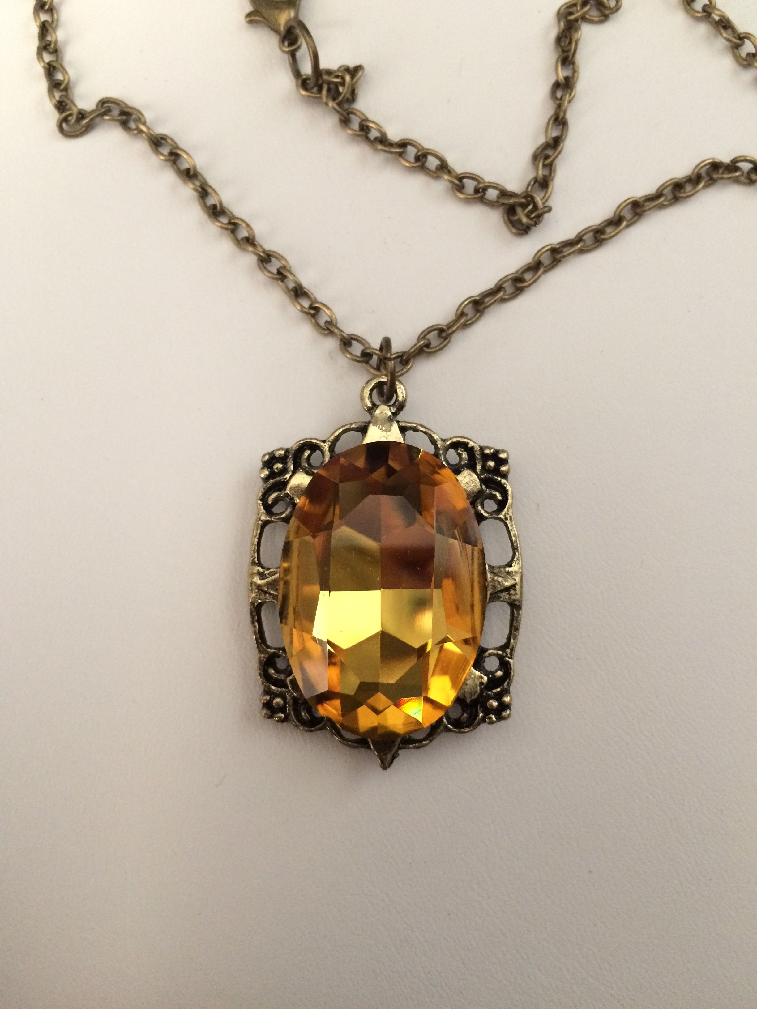 Jewelry × Vintage Big Orange CZ Bronze Pendant Chain Necklace Size ONE SIZE - 3 Thumbnail