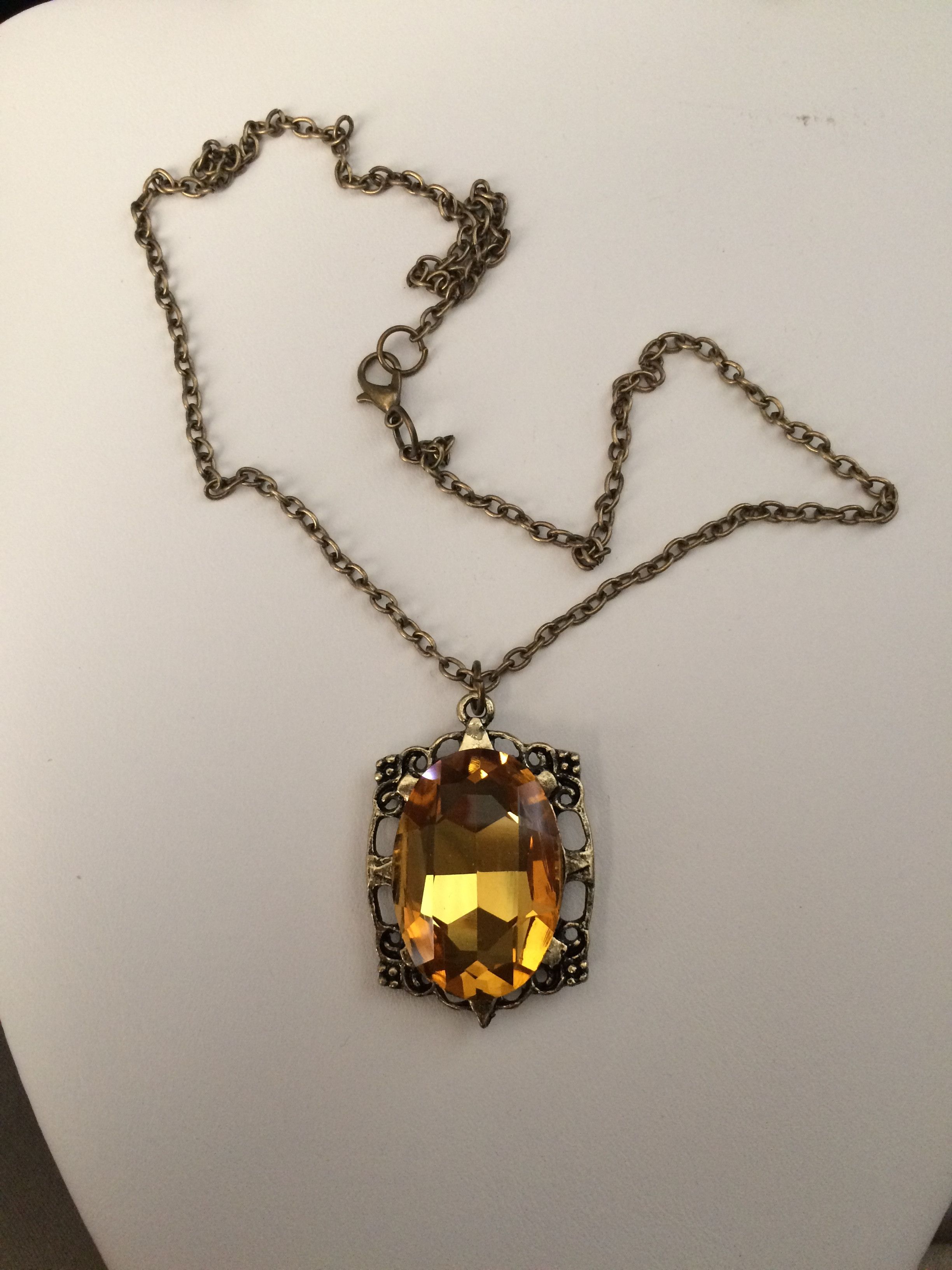 Jewelry × Vintage Big Orange CZ Bronze Pendant Chain Necklace Size ONE SIZE - 1 Thumbnail