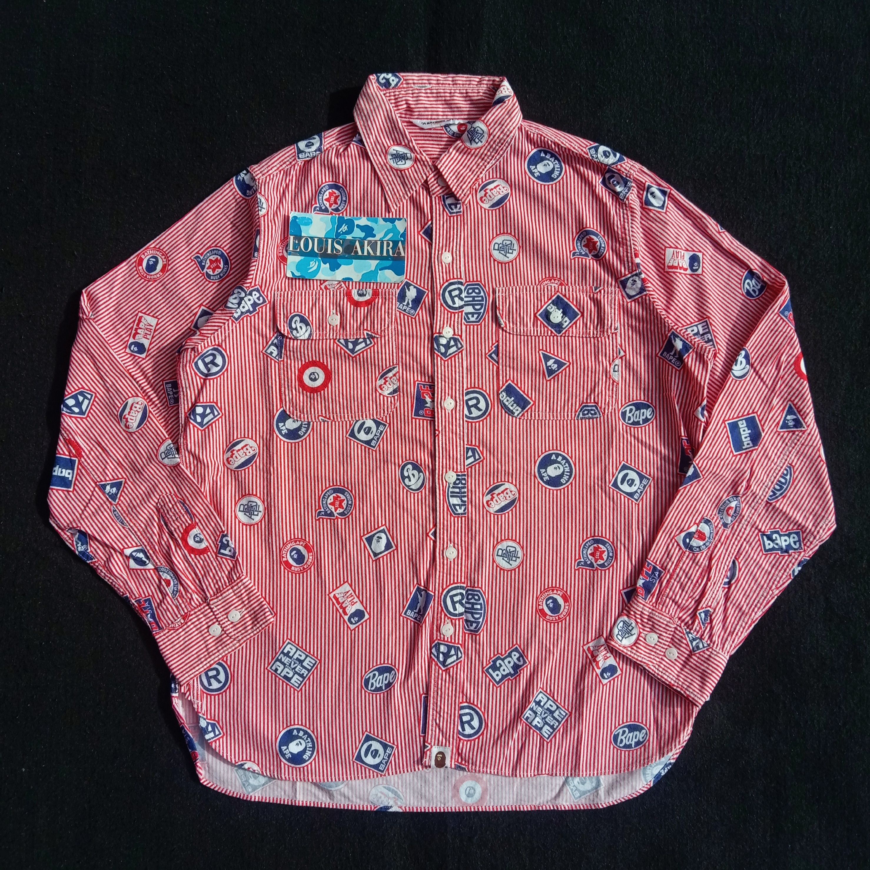 Bape 2009 Scattered Icons Striped Button Up Shirt Size US L / EU 52-54 / 3 - 1 Thumbnail