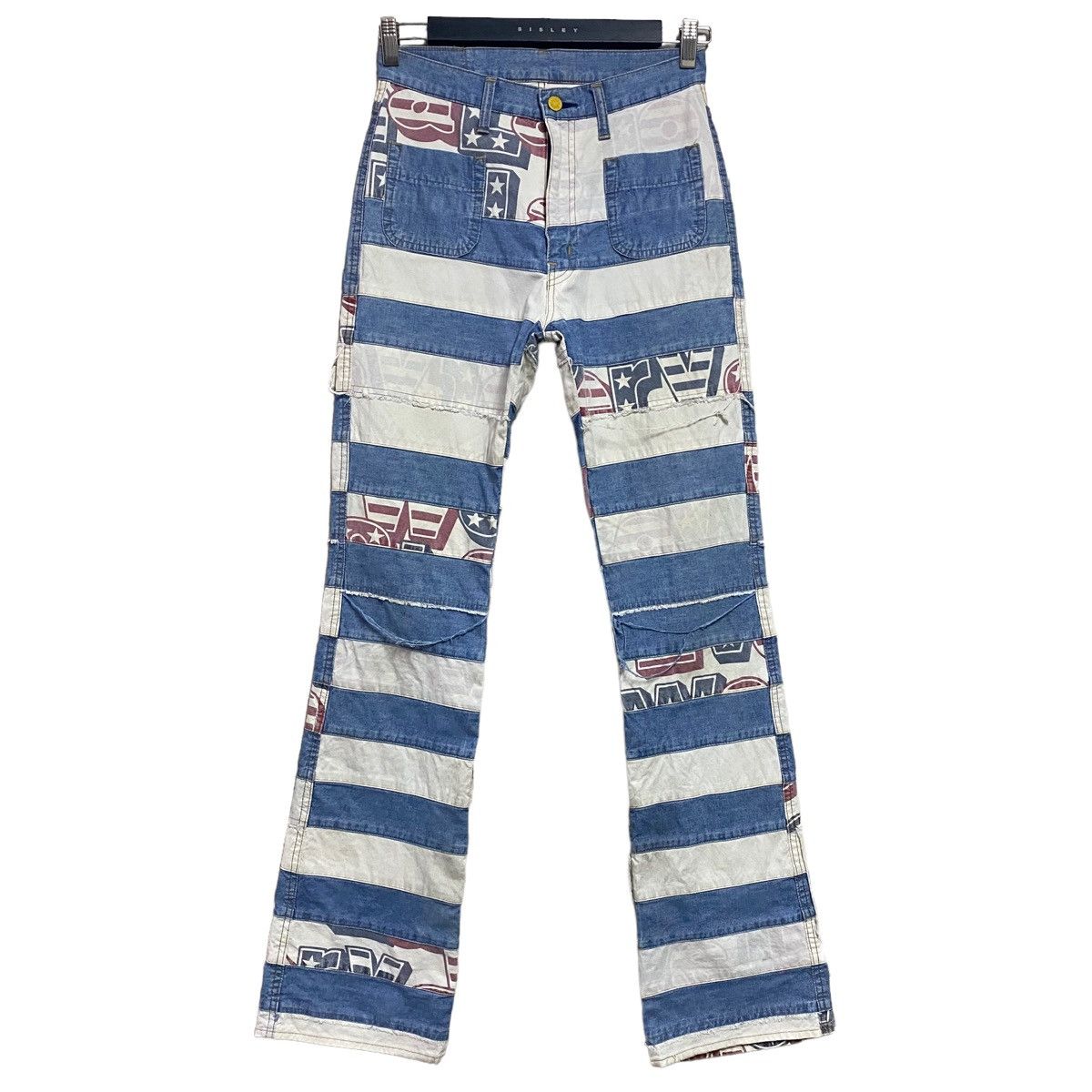 image of Vintage Hysteric Glamour Prisoners Hagi Flare Pants in Blue/White, Men's (Size 28)