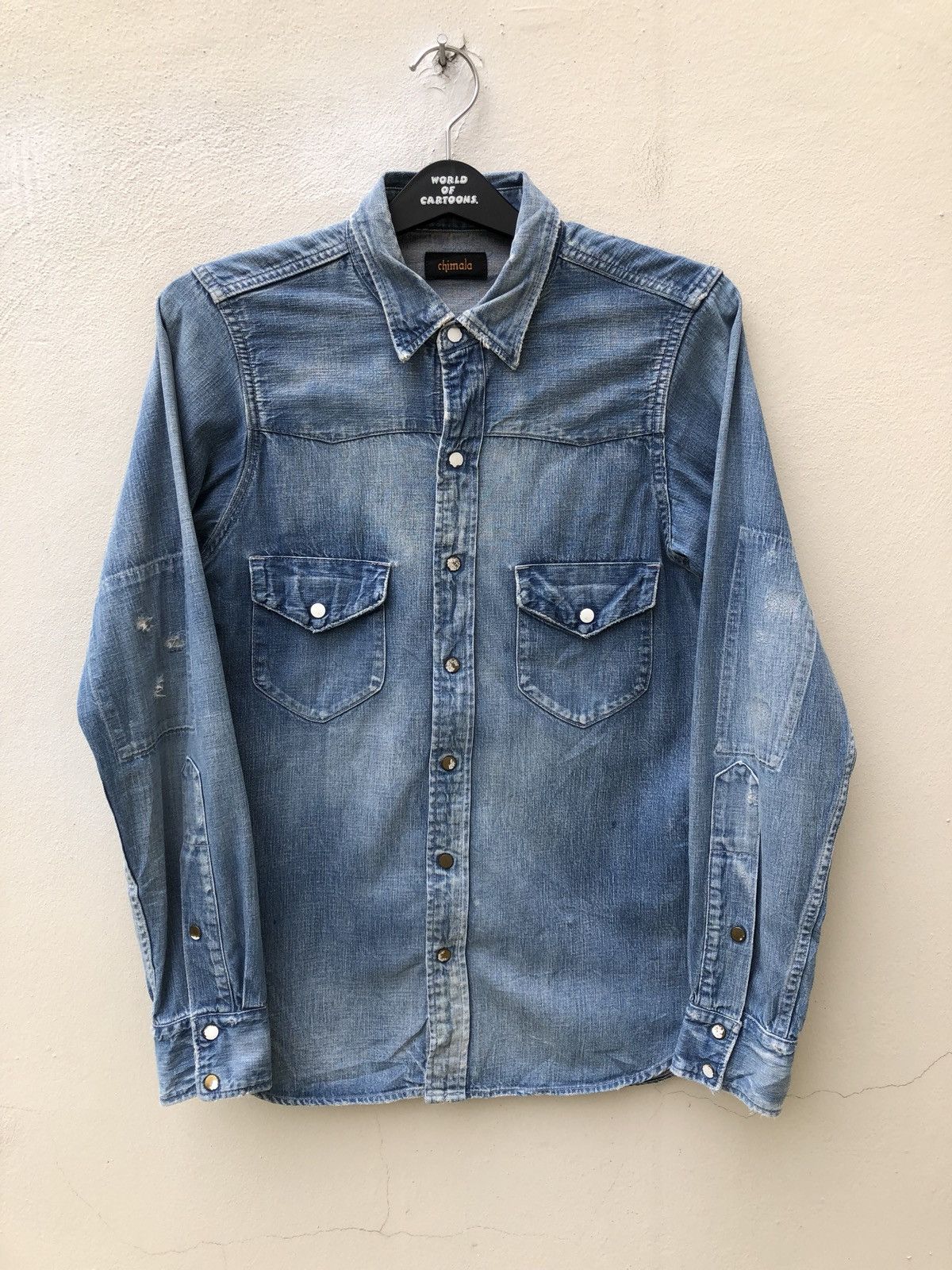 image of Chimala Japan Rips Distressed Chambray Western in Blue, Men's (Size Small)