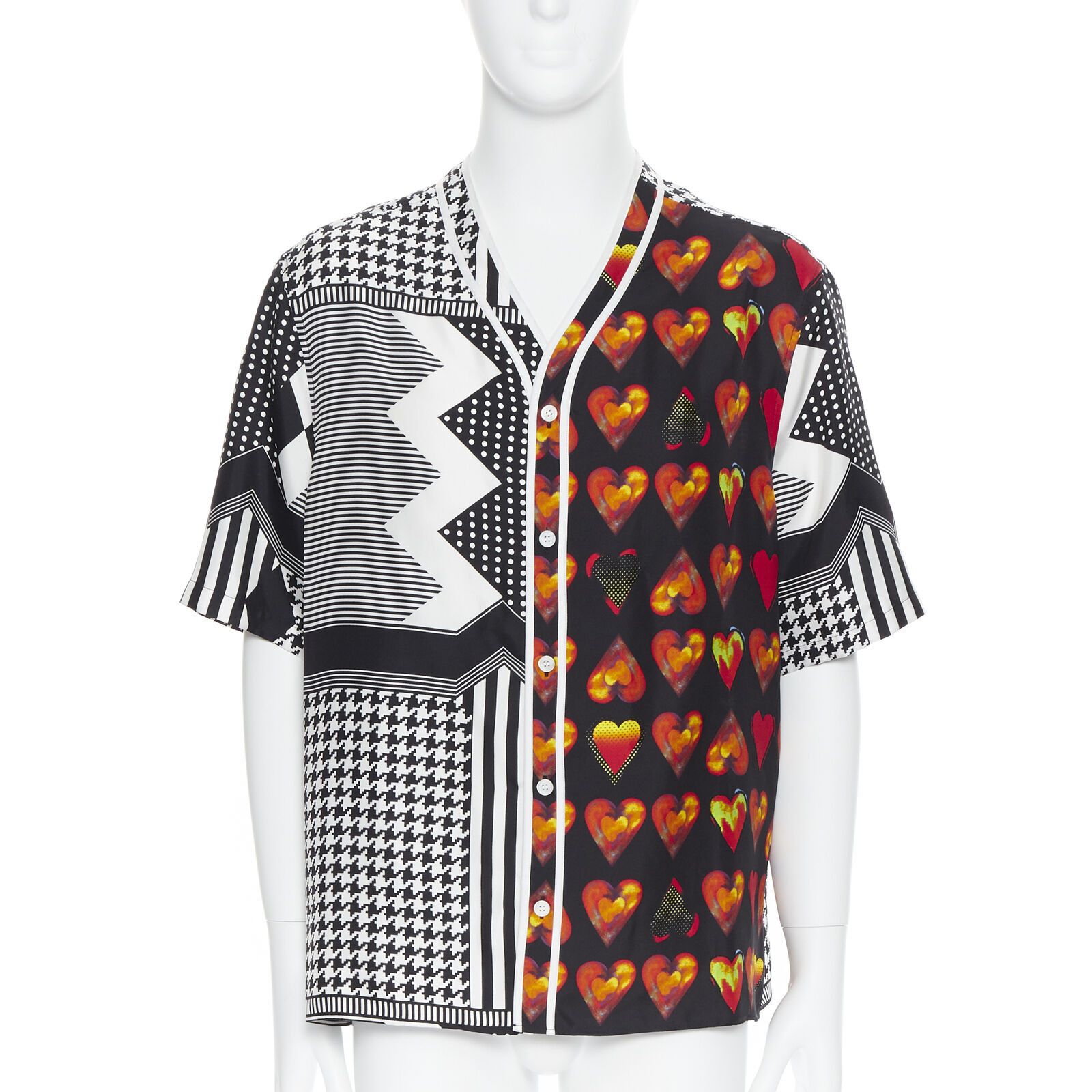 image of New Versace 2019 100% Silk Double Love Heart Geometric Baseball Shirt Eu39 M in Black (Size Medium)
