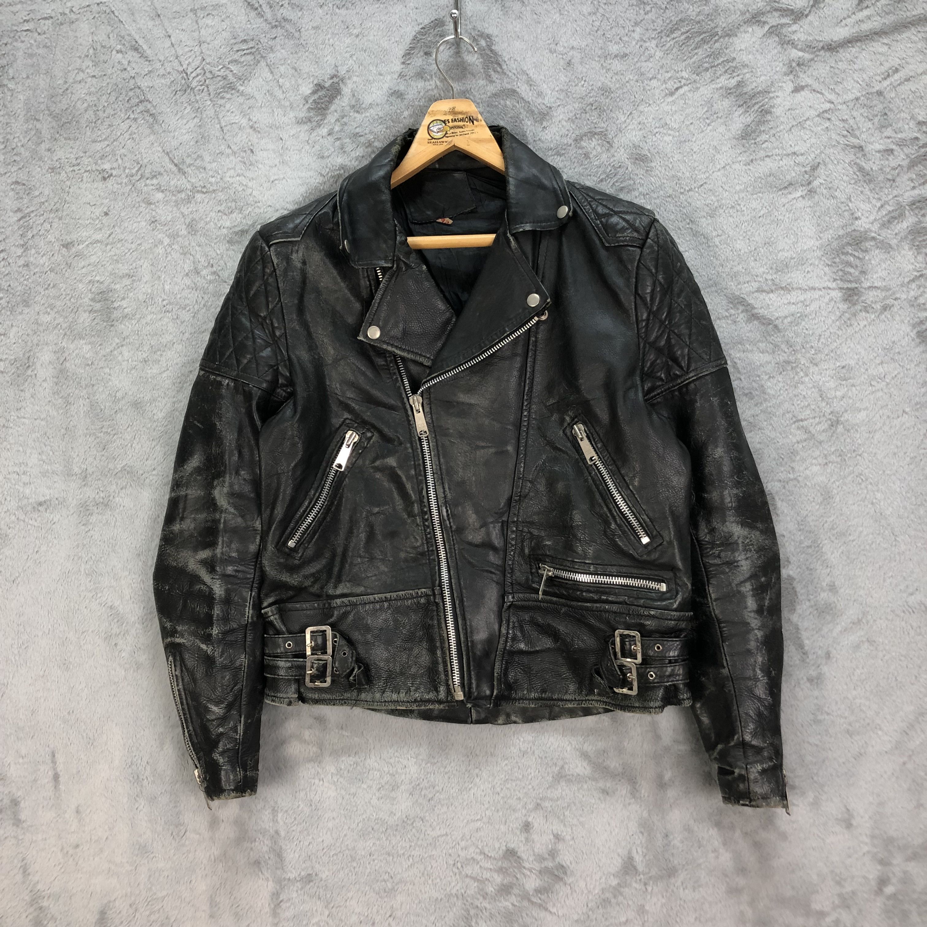 image of Genuine Leather x Leather Jacket Trashed Vintage Cowhide Double Collar Jacket 5405-188 in Black (Si