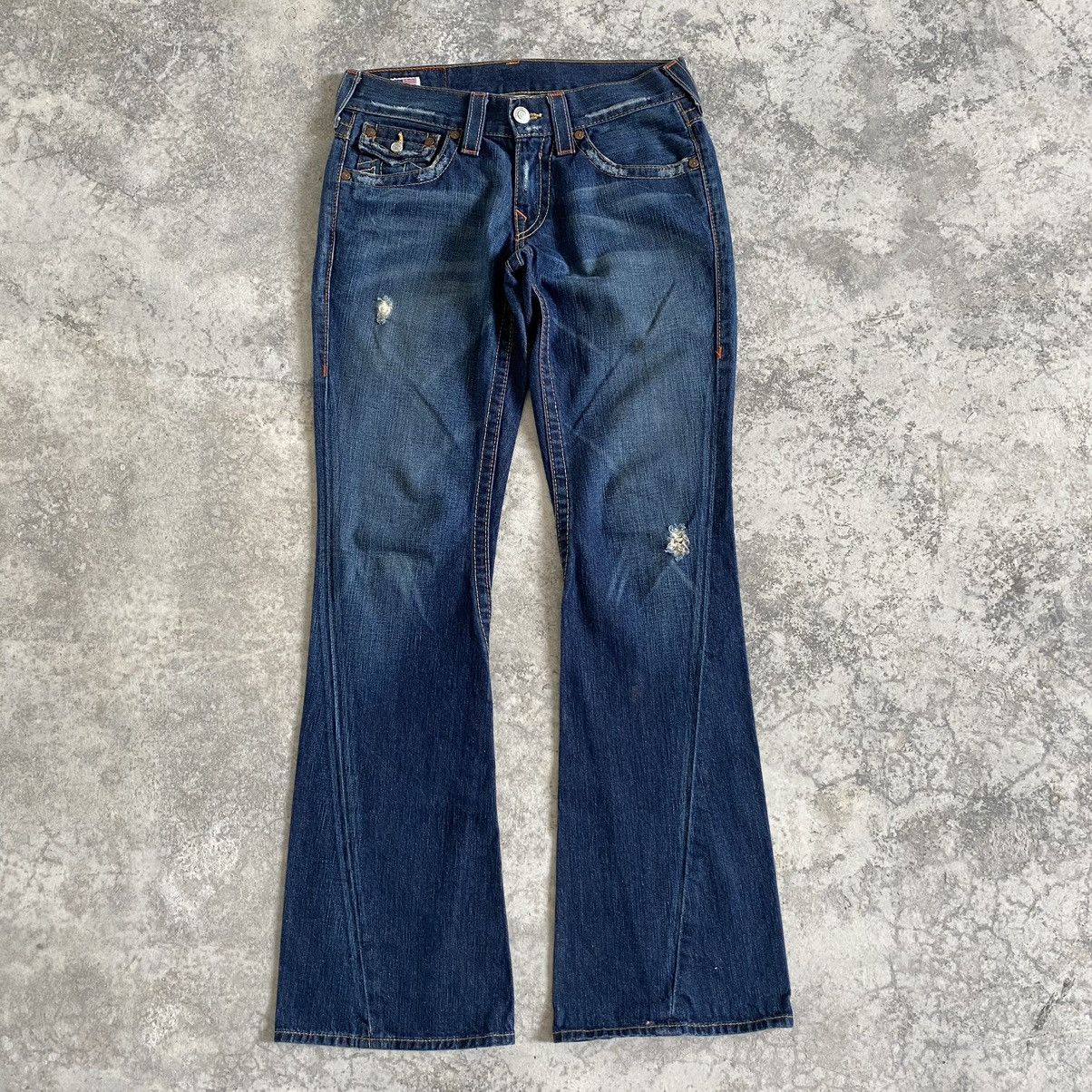 image of Distressed Denim x True Religion VTG True Religion Joey Spiral Cut Rips Flared Denim Jeans in Blue 