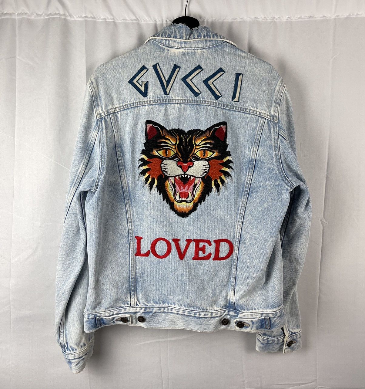 image of Gucci Angry Cat Love Logo Embroidered Denim Jacket, Men's (Size Small)