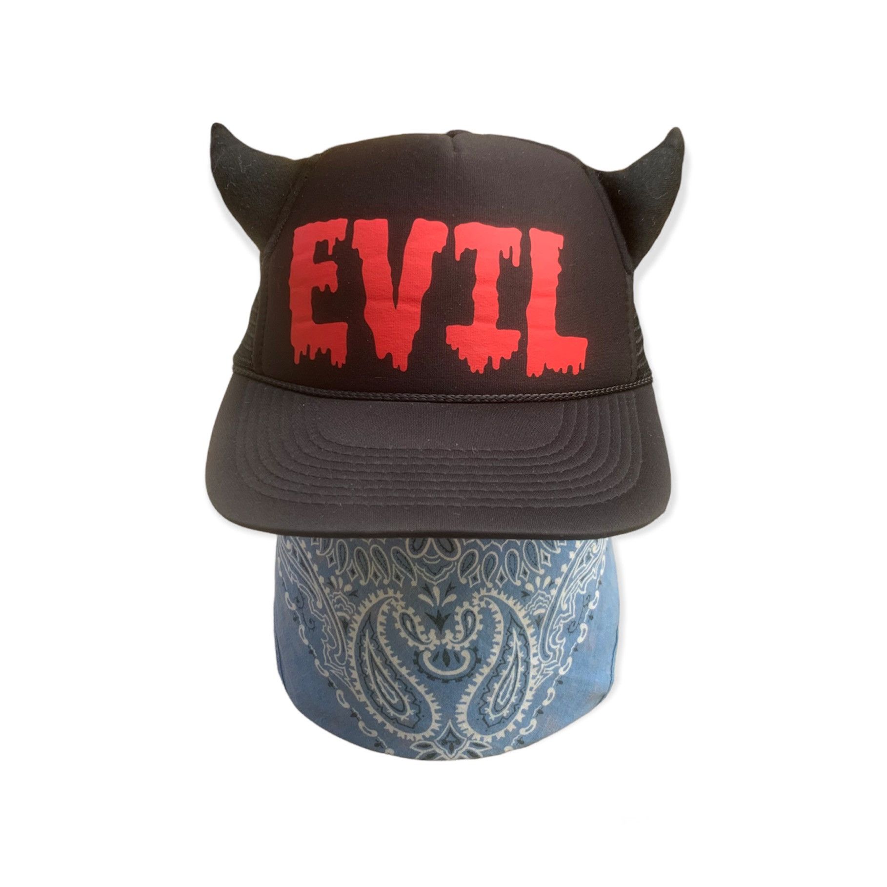 image of Vintage Devil Horn Hat Hellcat Punks Trucker By Otto in Black Red, Men's