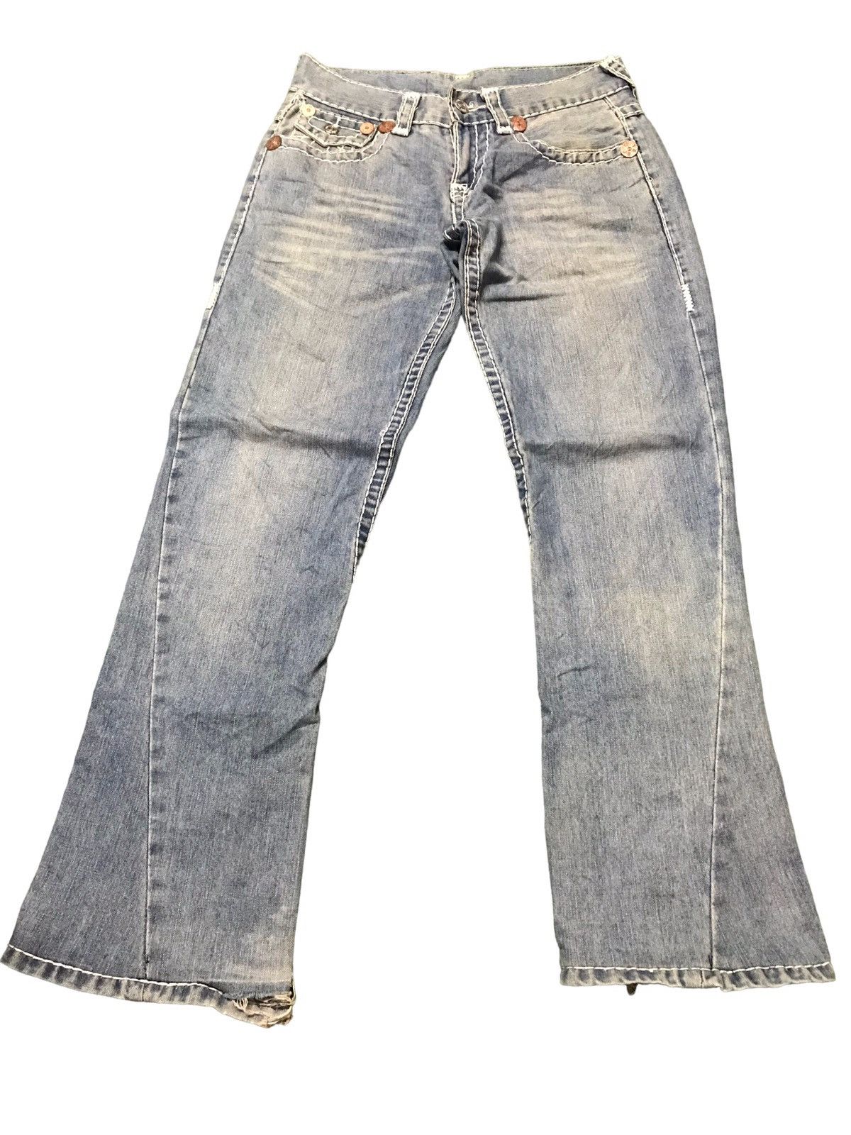 image of True Religion Joey Super T Distressed Flared Jeans in Blue, Men's (Size 31)