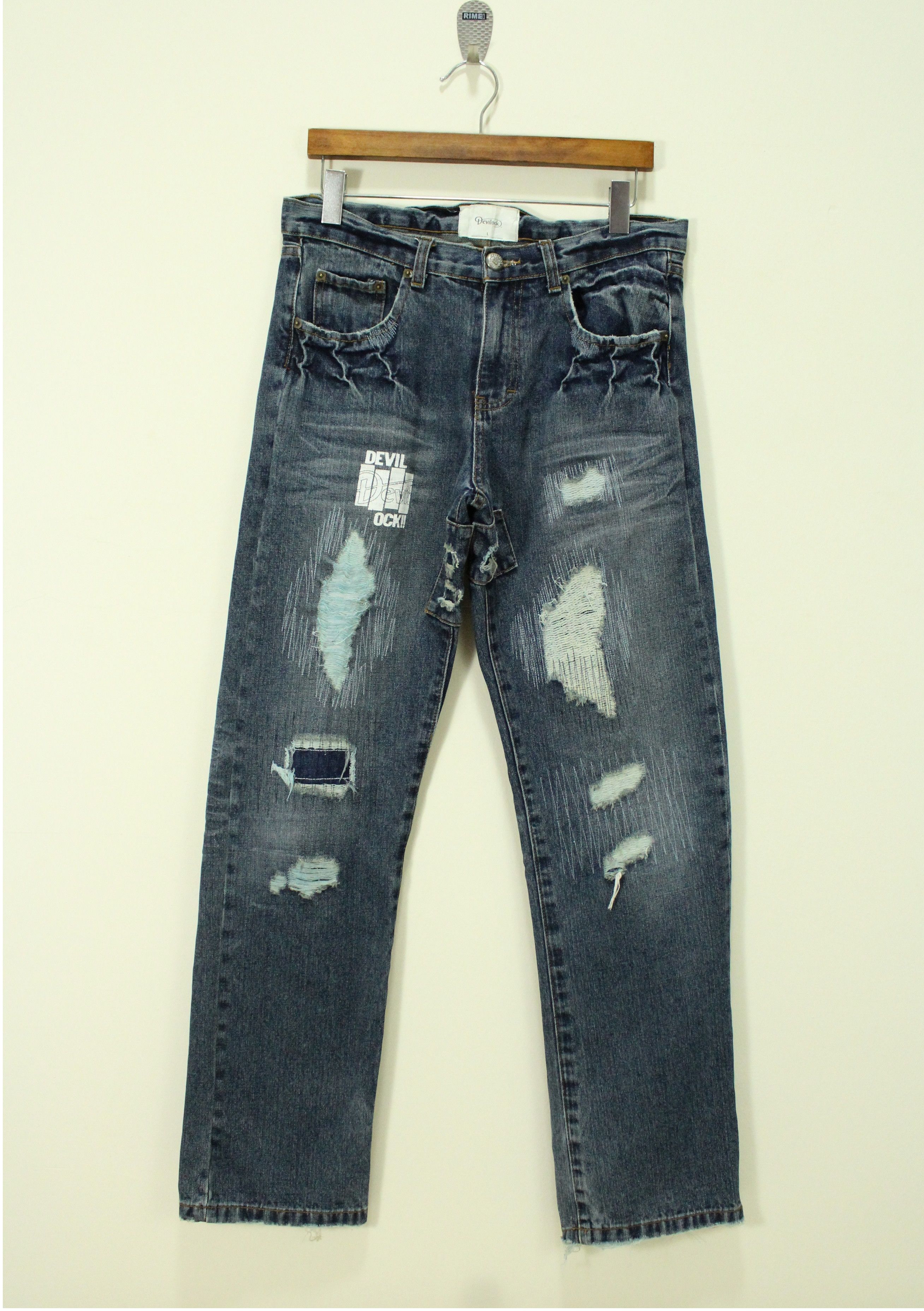 image of Devilock Denim Jeans Distressed Style Pants Jesus Button, Men's (Size 32)