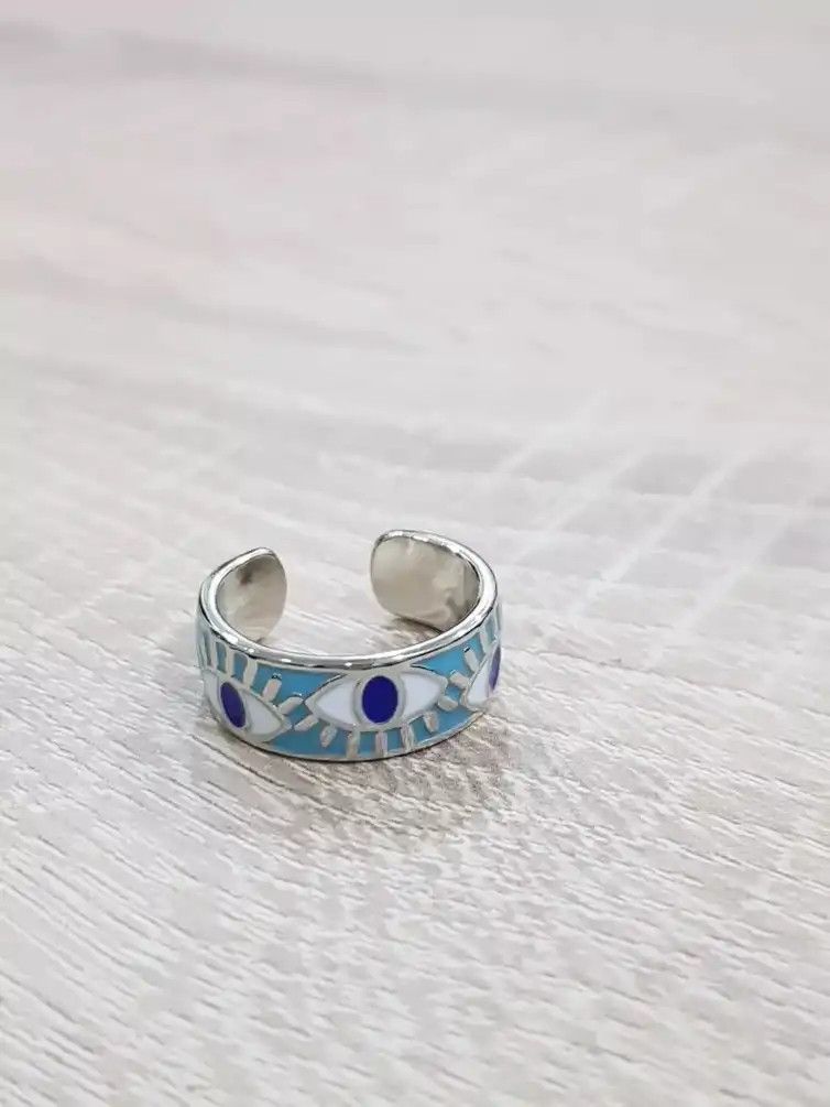 Jewelry Blue Enamel Engrave Turkish Evil Eye Ring Size ONE SIZE - 2 Thumbnail