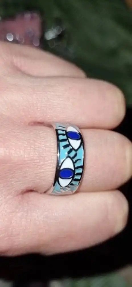 Jewelry Blue Enamel Engrave Turkish Evil Eye Ring Size ONE SIZE - 4 Thumbnail
