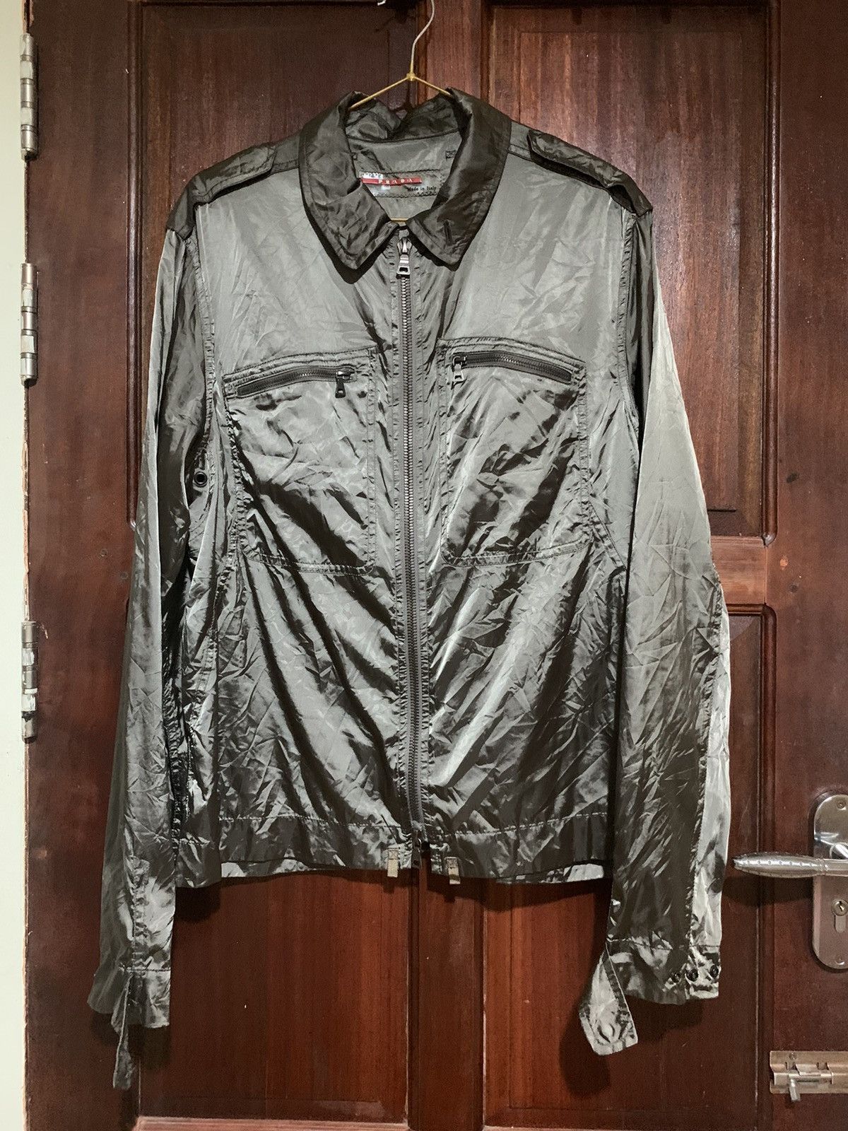 image of BindingofferPrada Silk Jacket Two Pocket in Olive Green, Men's (Size Large)