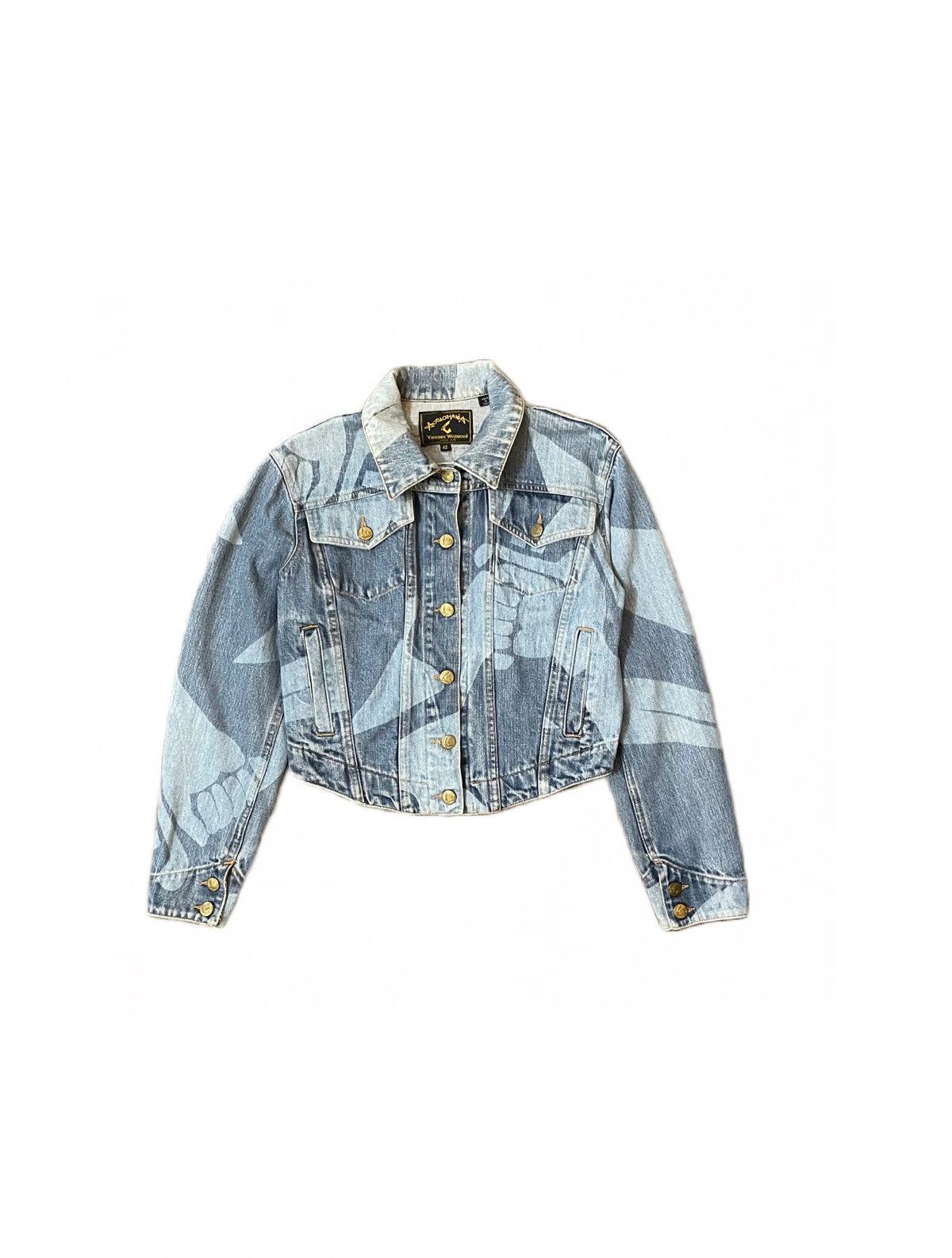 image of Vivienne Westwood Ss98 Pirate Printed Denim Trucker Jacket in Blue, Men's (Size Small)