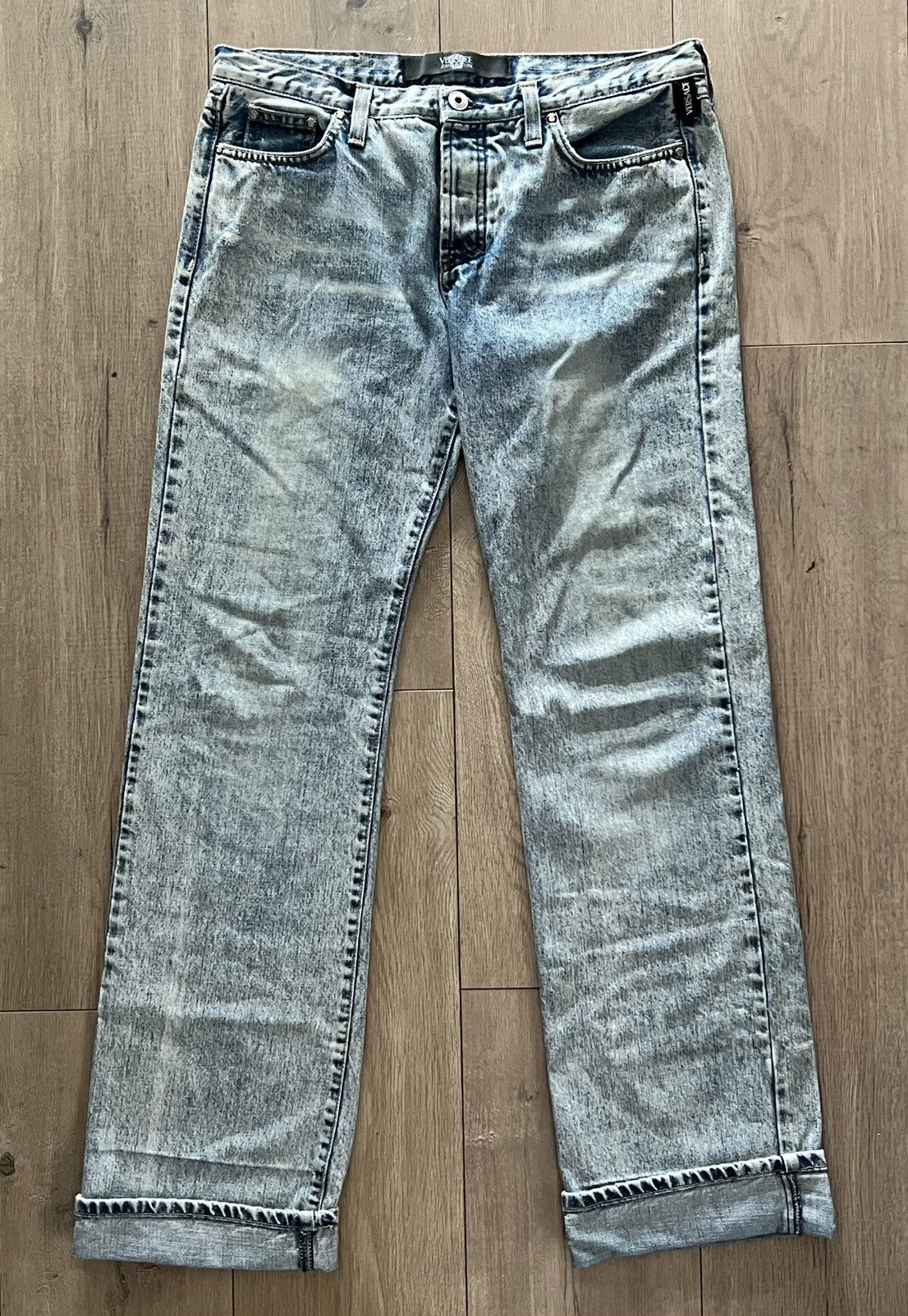 image of Versace Jeans Light Blue Wash Medusa Sterling Silver Denim in Blue Denim, Men's (Size 31)