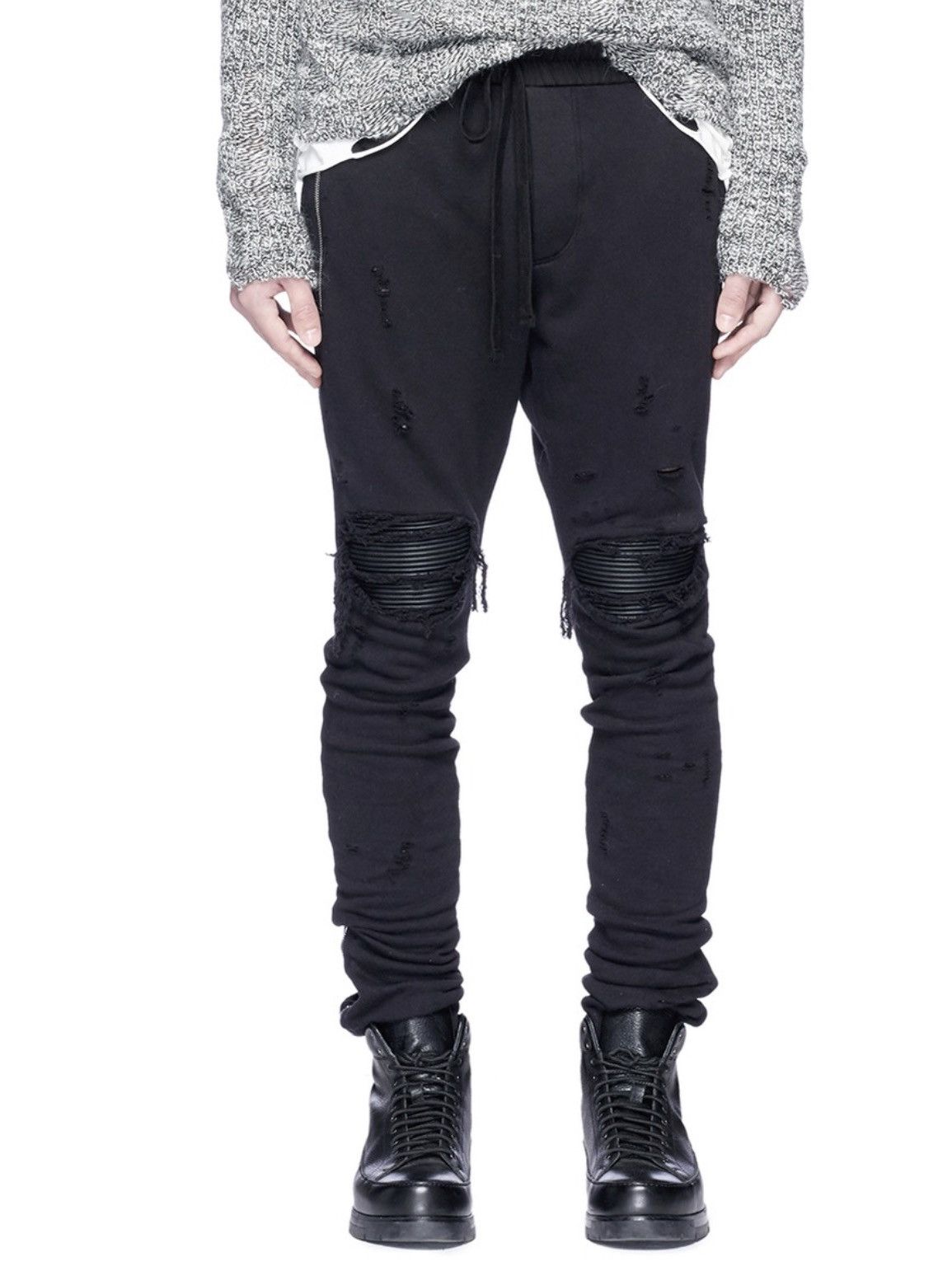 image of Amiri Leather Patch Ripped Sweatpants in Black, Men's (Size 32)