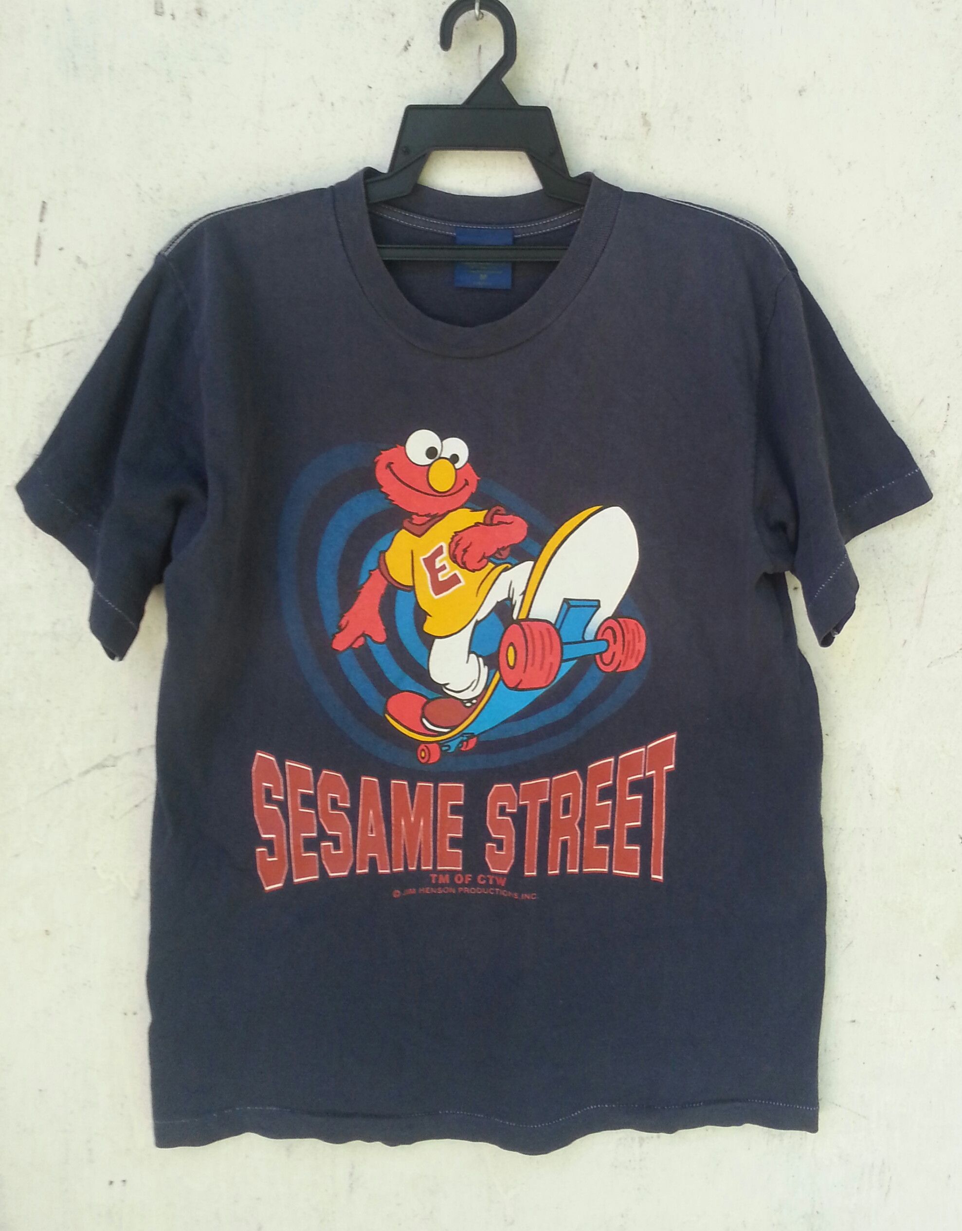 image of Cartoon Network x Vintage Sesame Street Elmo Short Sleeve T Shirt in Faded Blue, Men's (Size Medium