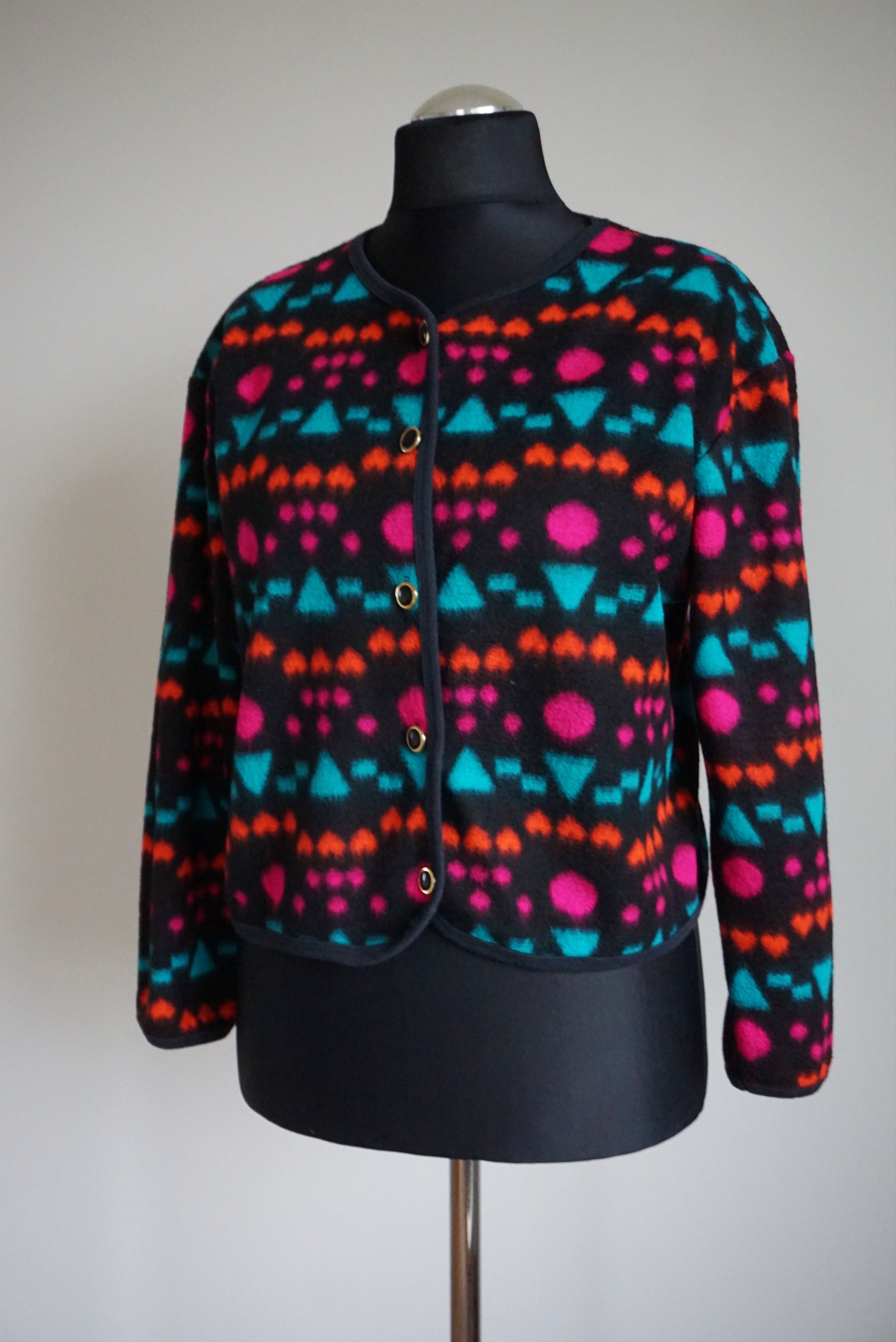 Vintage 80s 90s patterned top M 8/10 fleece cardigan jersey Y2K Size M / US 6-8 / IT 42-44 - 4 Thumbnail
