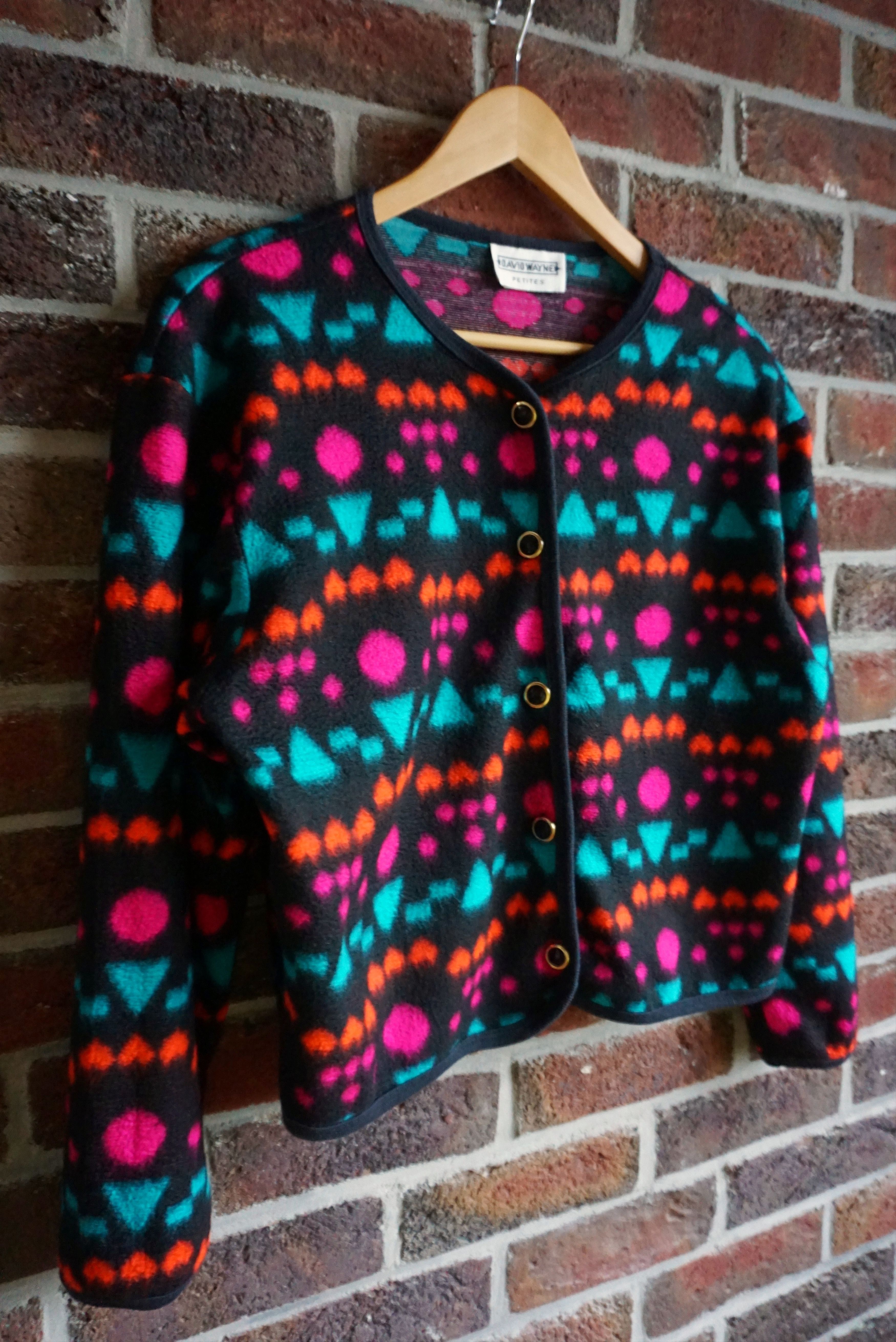 Vintage 80s 90s patterned top M 8/10 fleece cardigan jersey Y2K Size M / US 6-8 / IT 42-44 - 9 Thumbnail