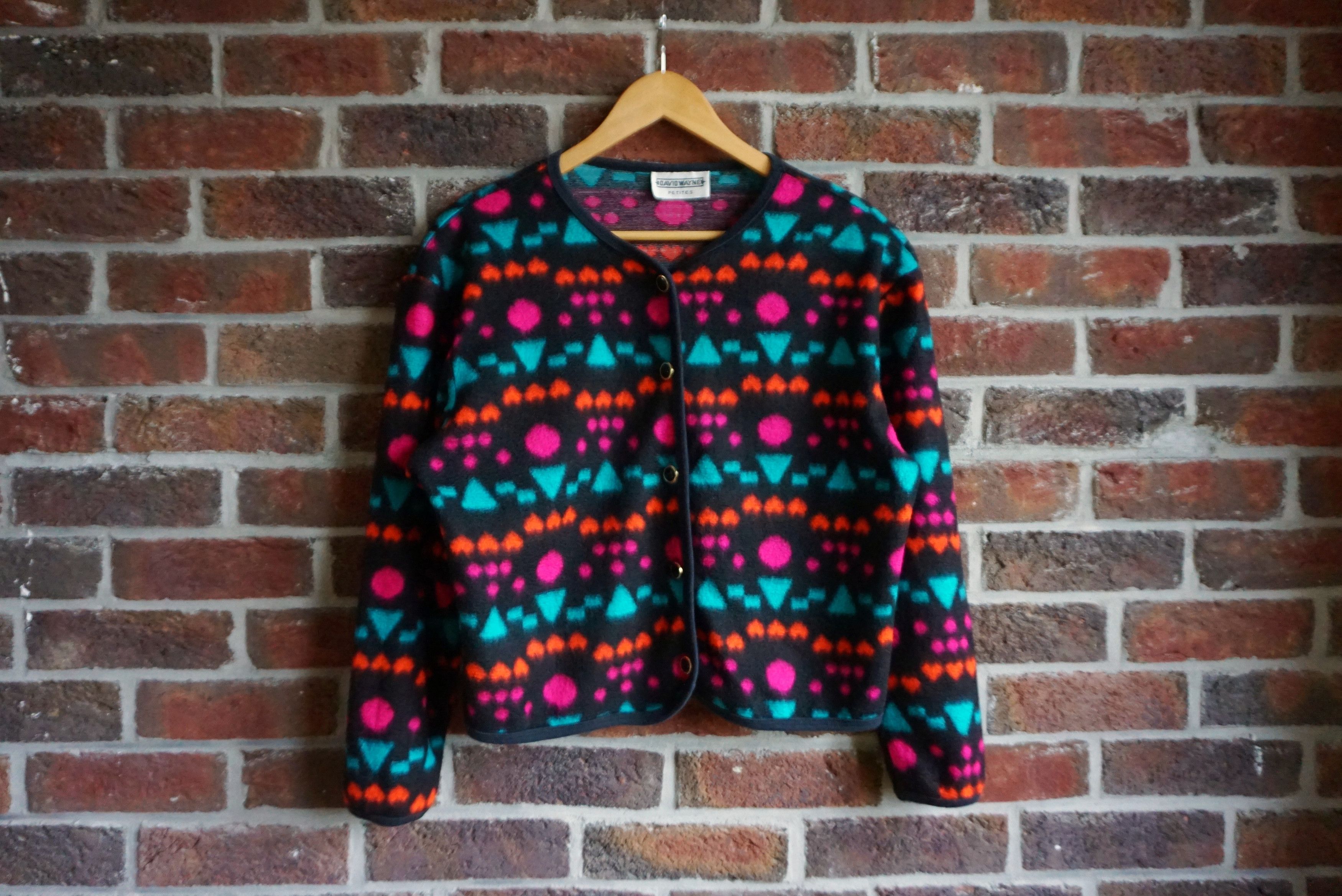 Vintage 80s 90s patterned top M 8/10 fleece cardigan jersey Y2K Size M / US 6-8 / IT 42-44 - 2 Thumbnail