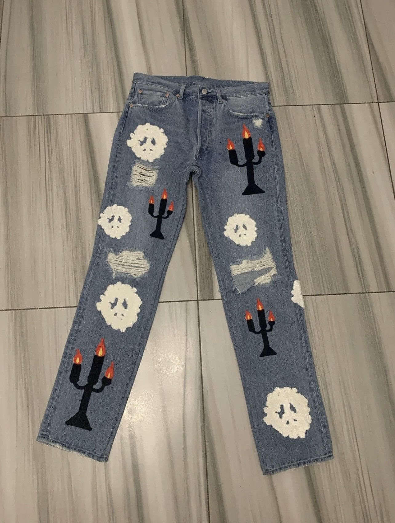 DENIM TEARS Denim Tears Virgil Abloh Message In A Tear Embroidered Jeans Size US 32 / EU 48 - 1 Thumbnail