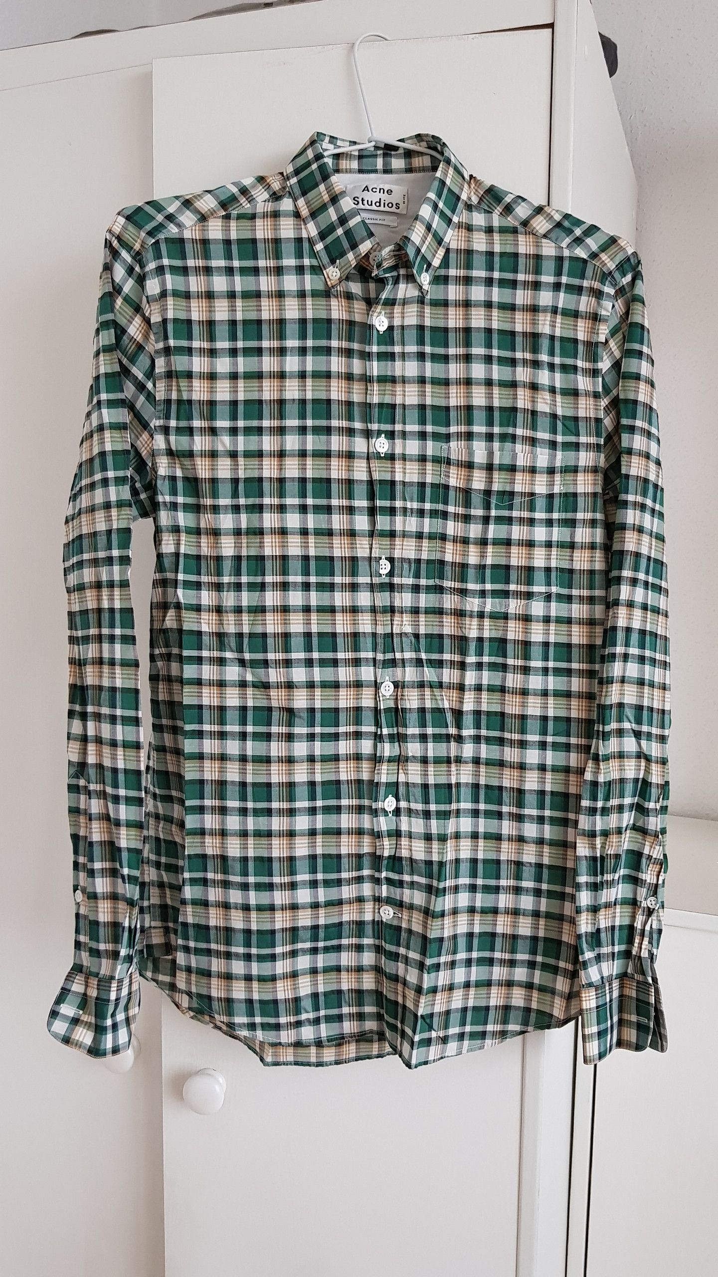 image of Acne Studios Isherwood Shirt Ss15 in White Green Beige, Men's (Size Small)