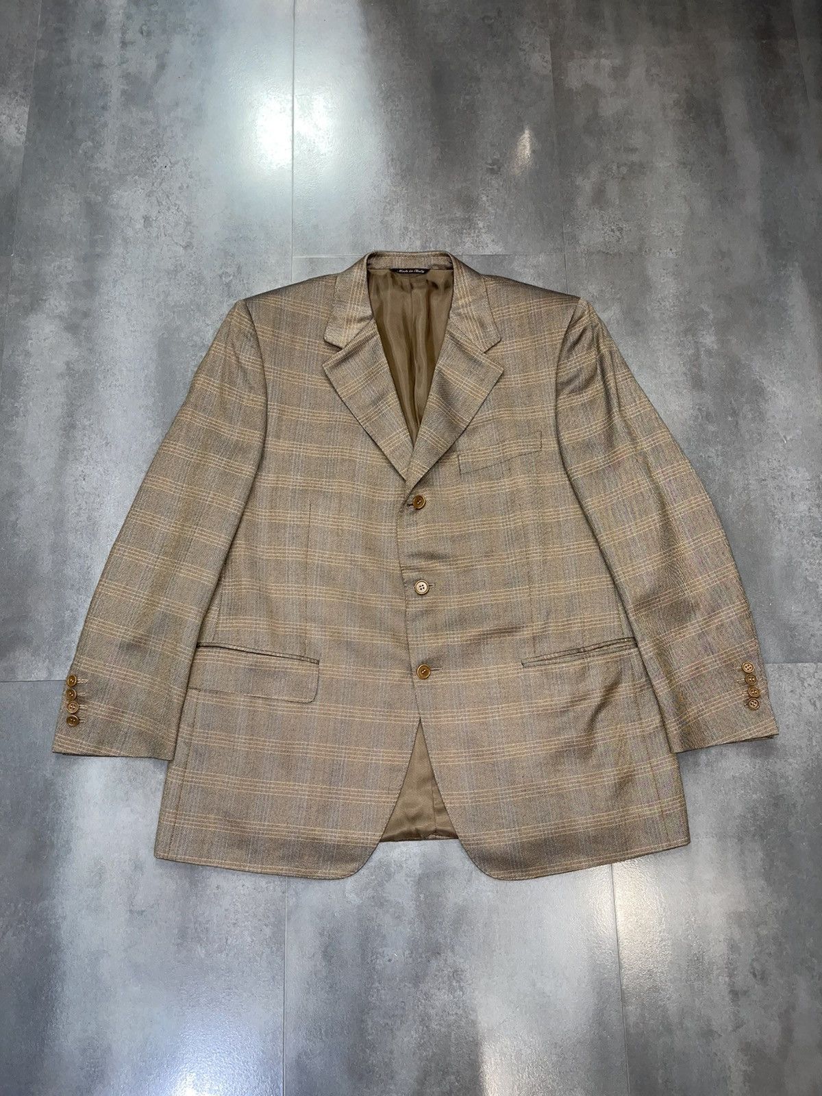 Canali Canali Checkered Silk Wool Light Brown Blazer Size US L / EU 52-54 / 3 - 1 Thumbnail