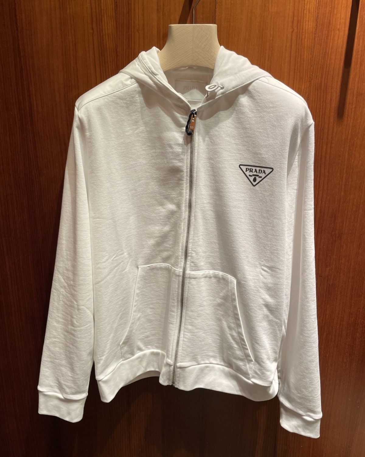 Image of Prada Zip Up Chest Logo Hoodie in White, Men's (Size XL)