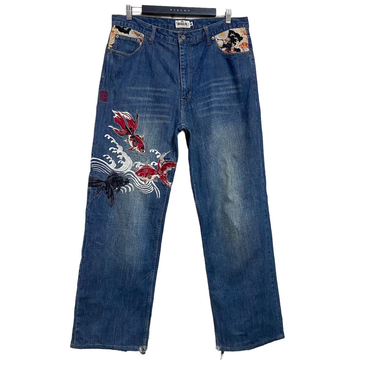 image of Dragonfly x Mafia Karakuri Tamashii Denim Embroidery Fish Koi Jeans in Blue, Men's (Size 38)