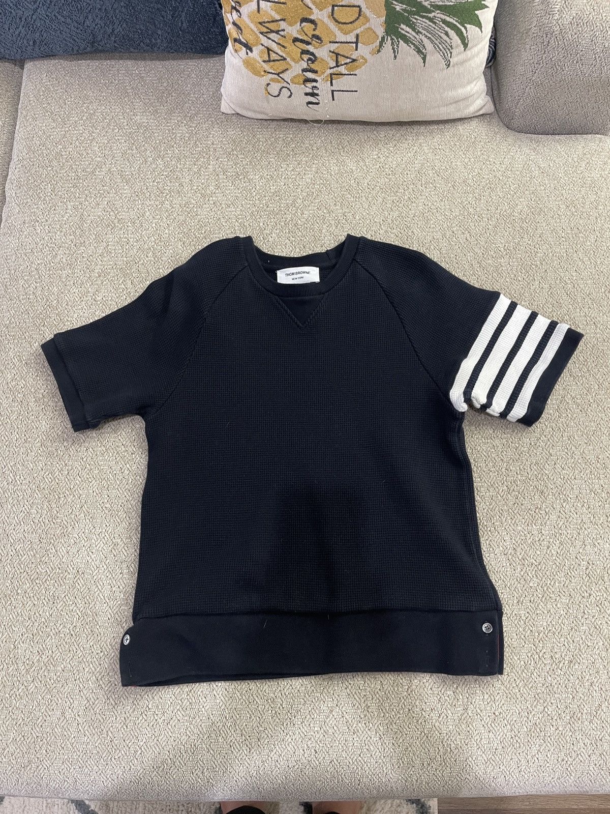 image of Thom Browne Short Sleeve Sweatshirt In Waffle W/ 4 Bar Navy, Men's (Size Small)