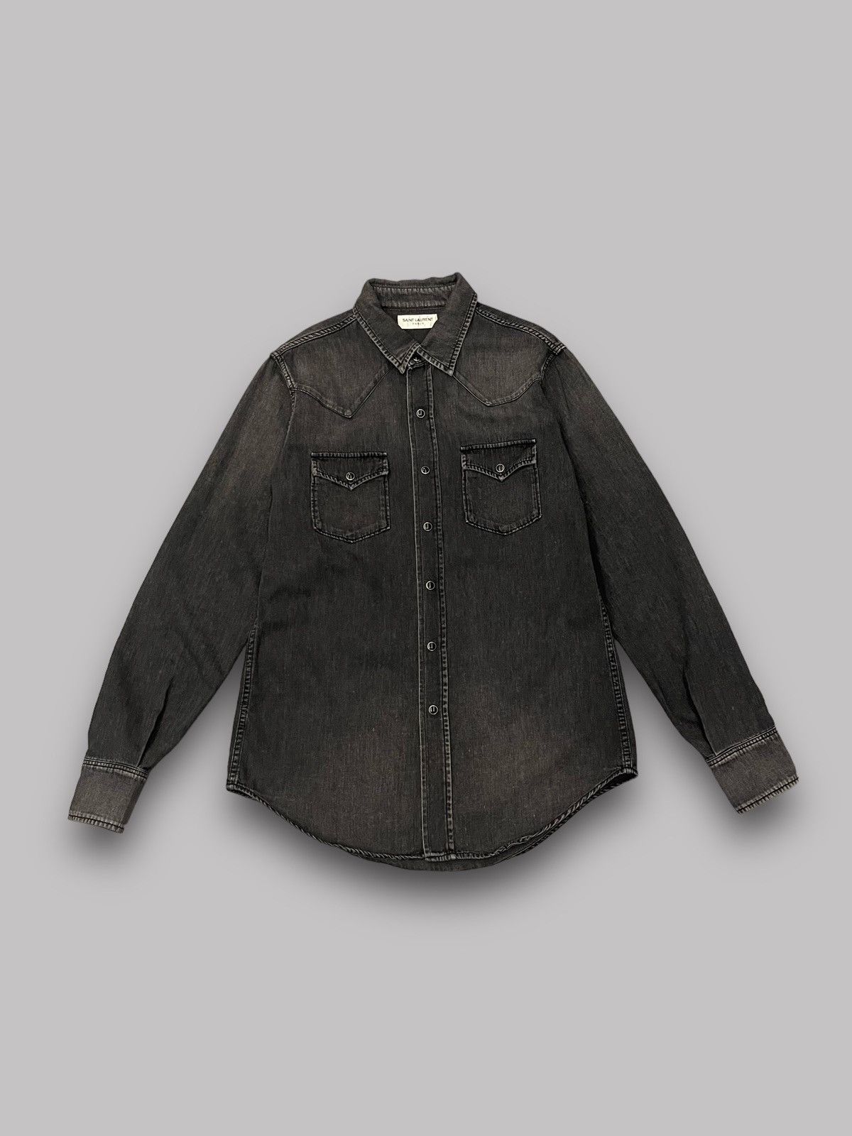 image of Saint Laurent Paris Ss18 Saint Laurent Japandark Grey Washed Western Denim Shirt, Men's (Size Small