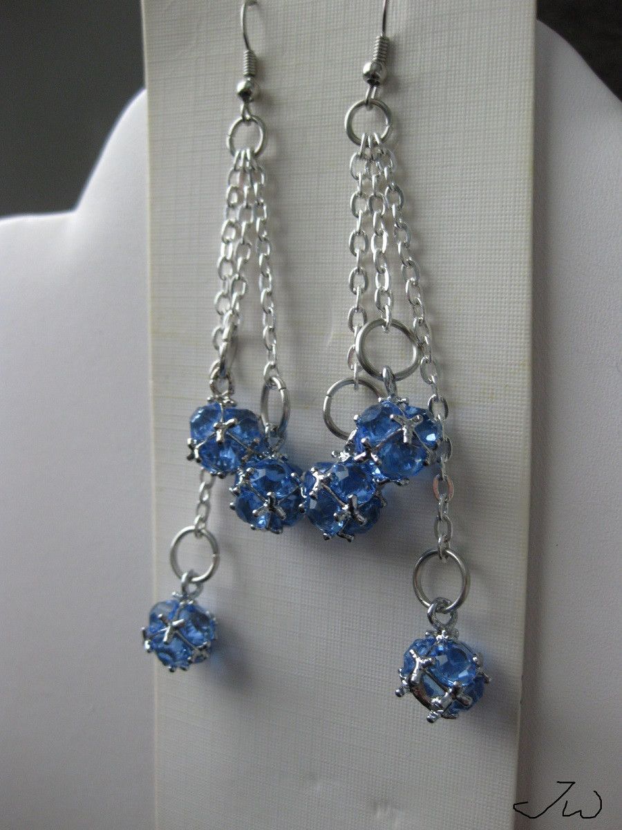 Handmade Teal CZ Balls Stainless Steel Chain Earrings Size ONE SIZE - 2 Thumbnail