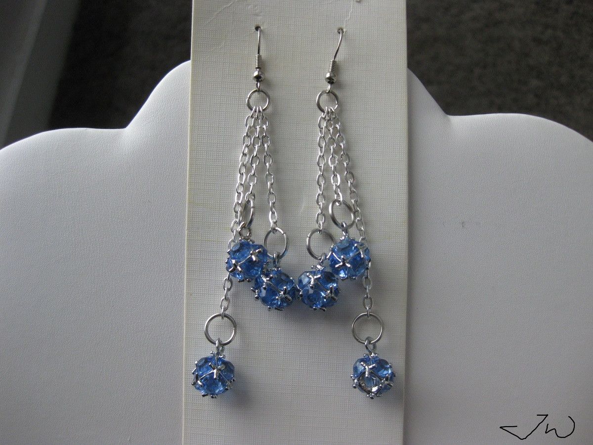 Handmade Teal CZ Balls Stainless Steel Chain Earrings Size ONE SIZE - 1 Thumbnail
