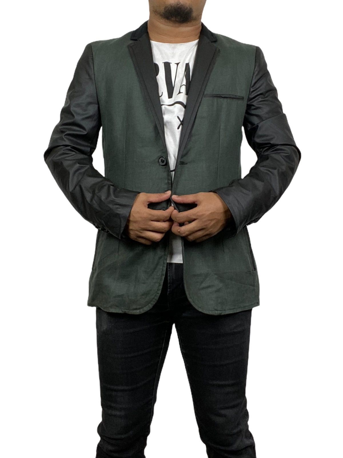 image of Zara Limited Edition Man’S Jacket Pu Sleeve Nice Design in Green Black, Men's (Size Medium)