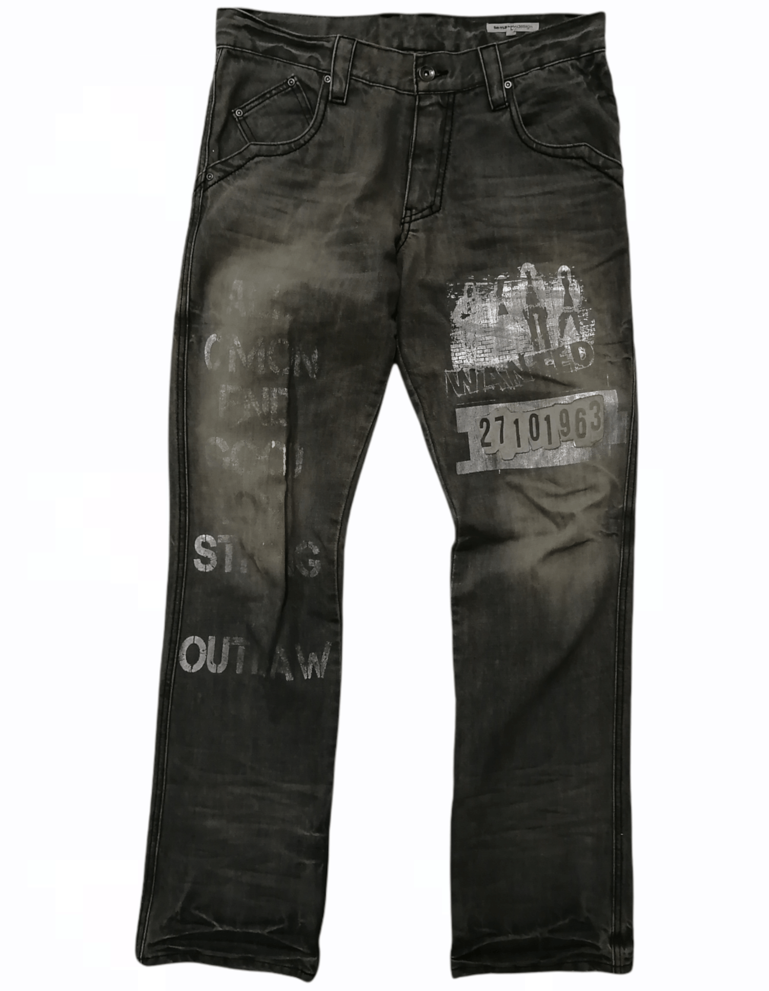 Pre-owned Distressed Denim Semantic Design Wanted 27101963 Printed Style Jeans In Grey