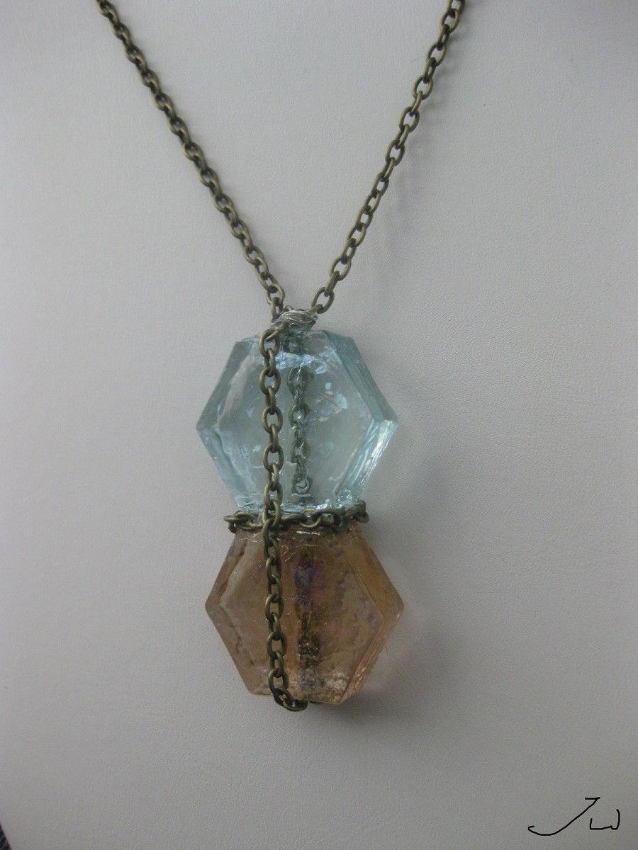 Handmade × Jewelry Aqua Blue and Orange Glasses Bronze Chain Necklace Size ONE SIZE - 2 Thumbnail