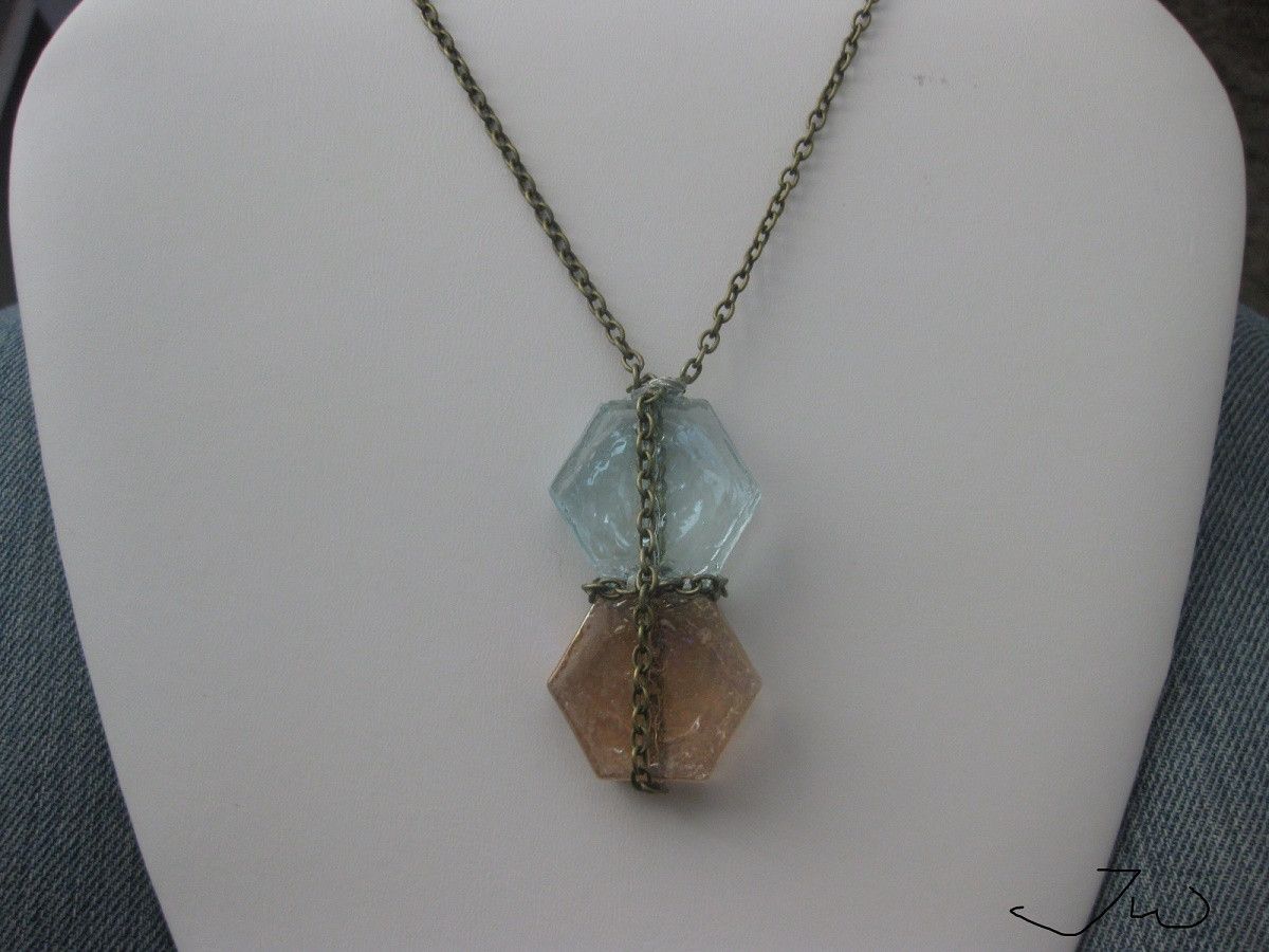 Handmade × Jewelry Aqua Blue and Orange Glasses Bronze Chain Necklace Size ONE SIZE - 1 Thumbnail