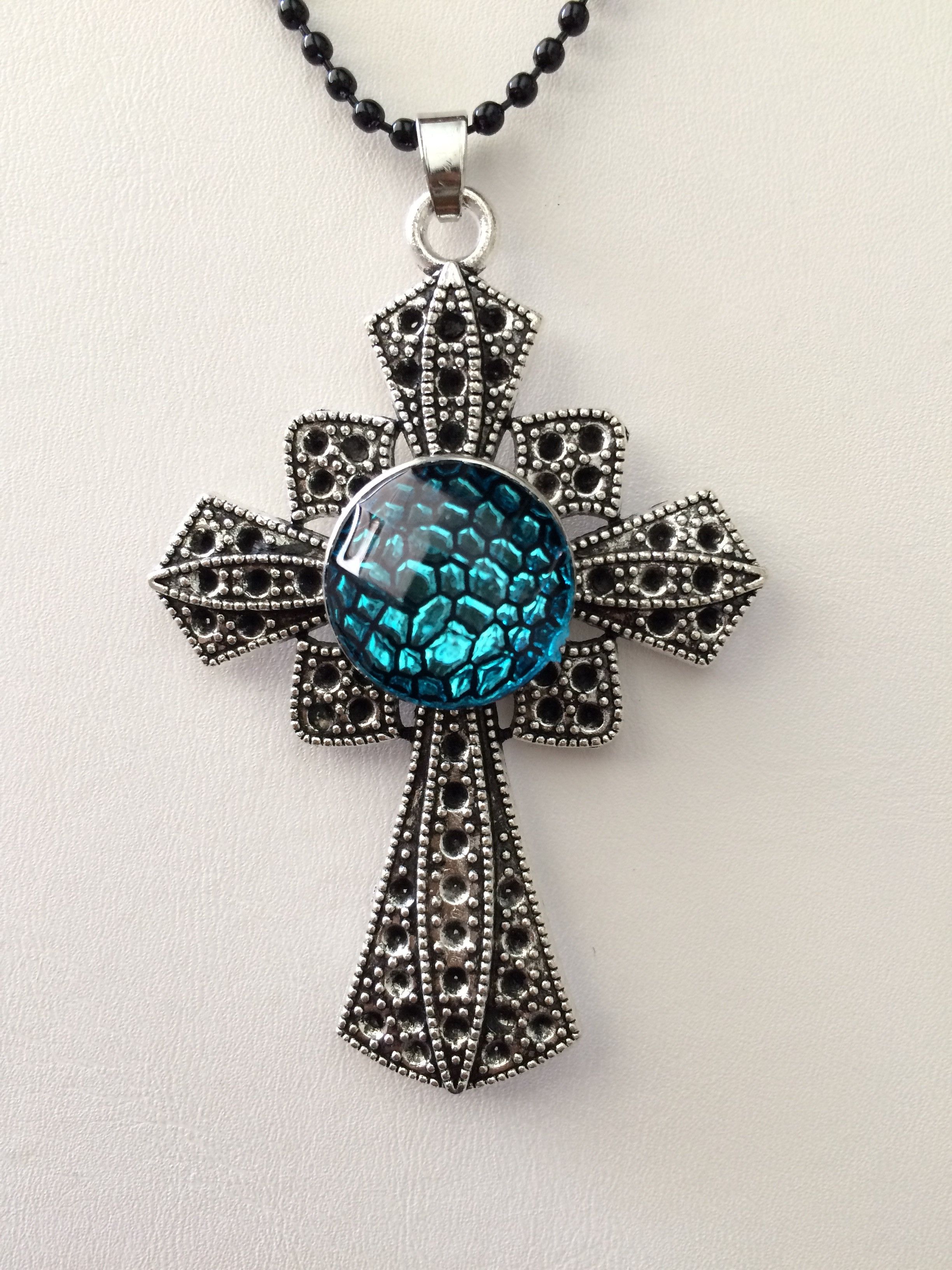 Jewelry Cross Chunk Button Tibetan silver Pendant Necklace - Blue Size ONE SIZE - 3 Thumbnail