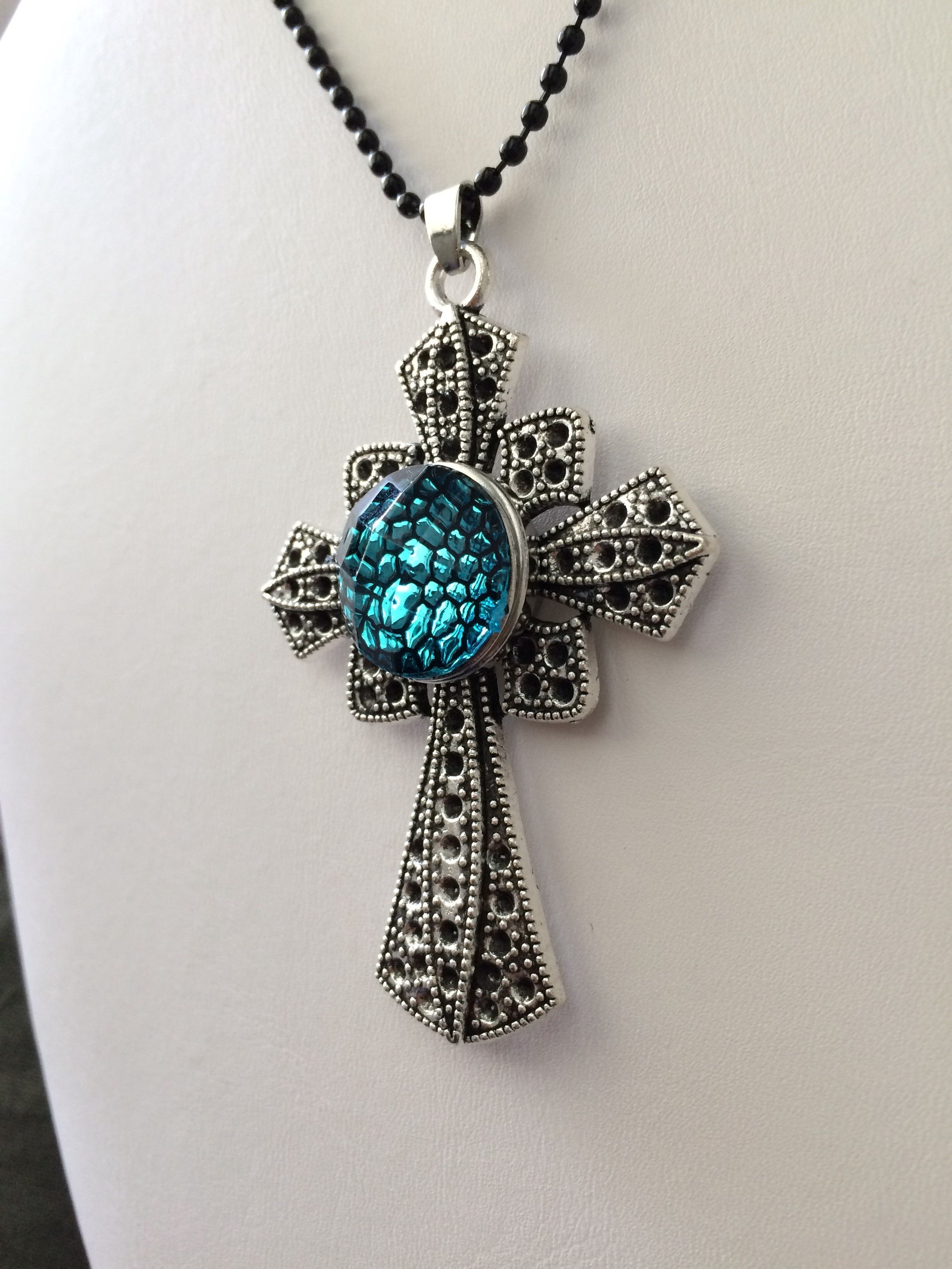 Jewelry Cross Chunk Button Tibetan silver Pendant Necklace - Blue Size ONE SIZE - 2 Thumbnail