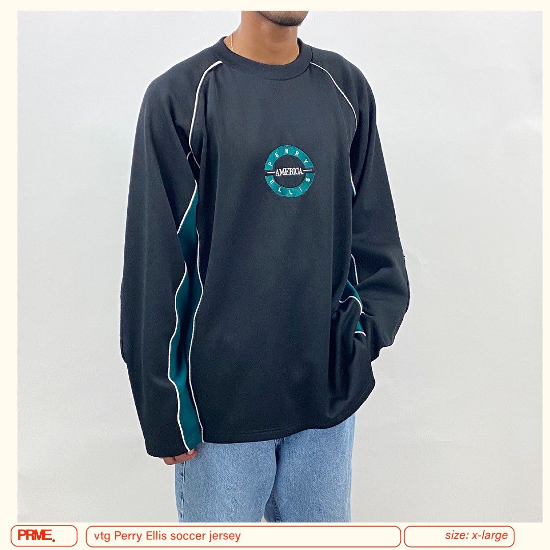 Perry Ellis × Vintage vintage 90s PERRY ELLIS AMERICA Soccer spellout jersey Size US XL / EU 56 / 4 - 6 Thumbnail