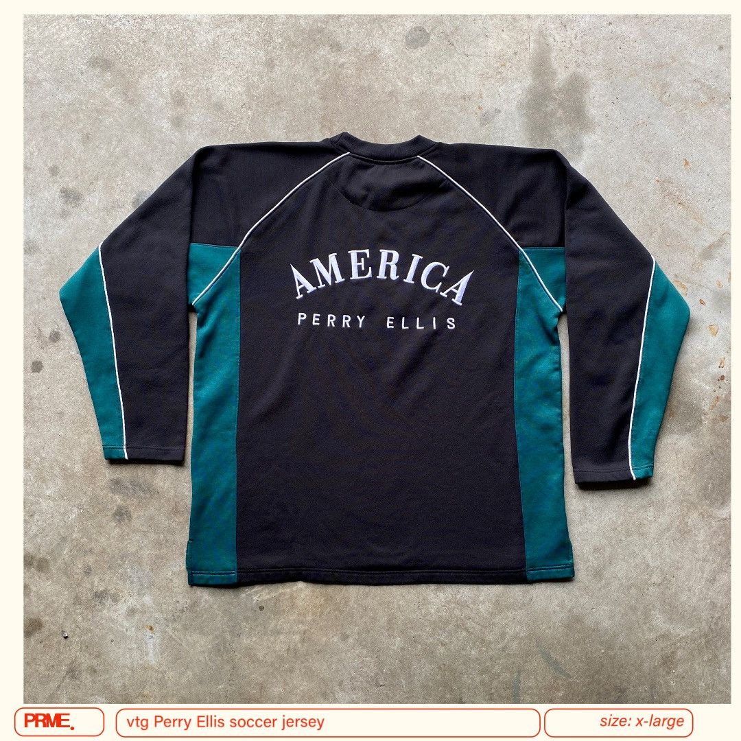 Perry Ellis × Vintage vintage 90s PERRY ELLIS AMERICA Soccer spellout jersey Size US XL / EU 56 / 4 - 3 Thumbnail