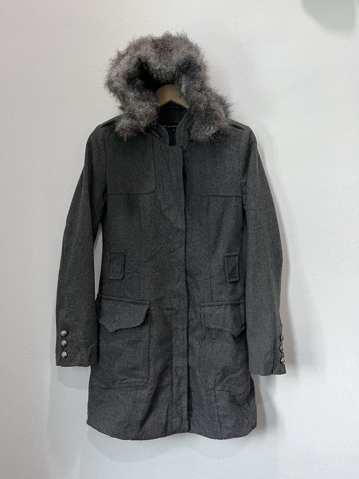French Connection Wool Trench Coat Faux Fur Hoodie