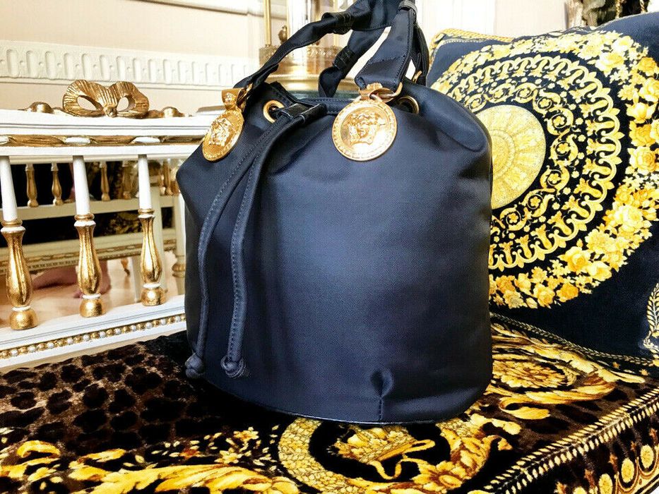 Gianni Versace Medusa Leather Bucket Bag - Black Bucket Bags