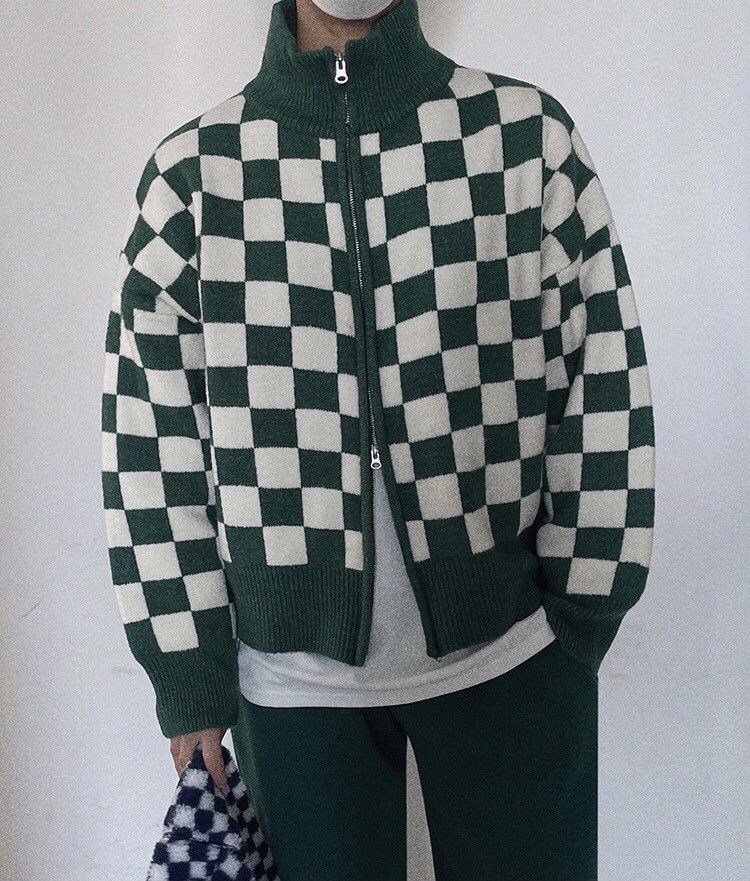 image of Vintage Korean Fashion Green Checkered Plaid Knit Jacket Cardigan, Men's (Size XL)