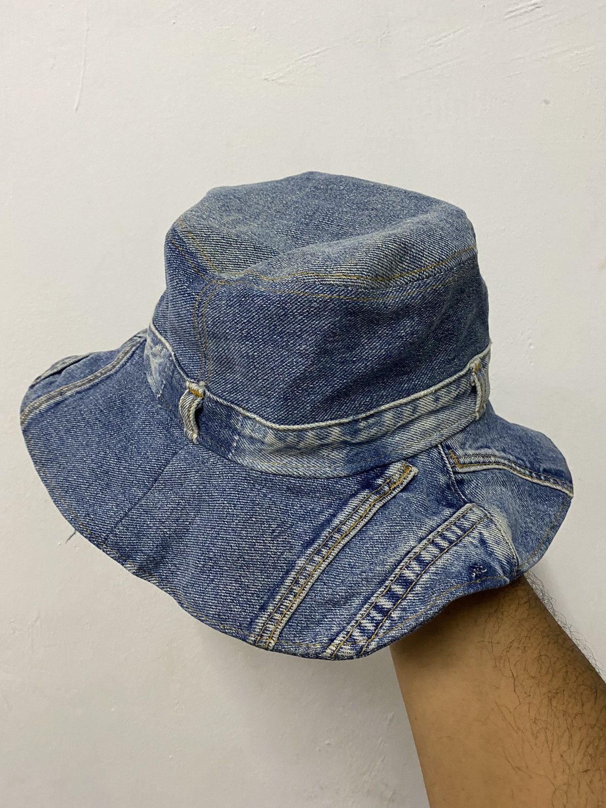 Japanese Brand Distress Qoupdetat Denim Bucket Hat Size ONE SIZE - 2 Thumbnail