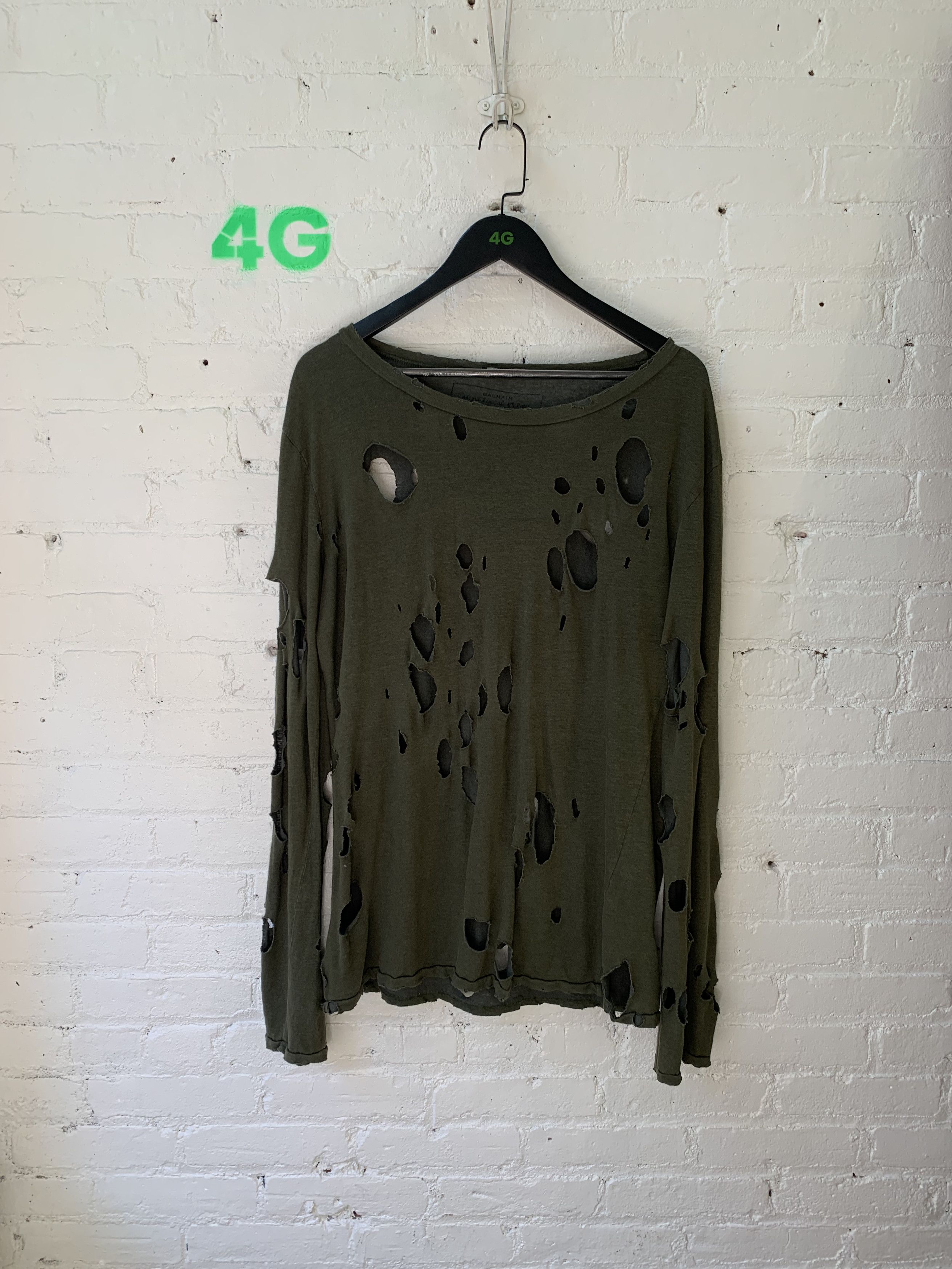 トップス Balmain 10AW Decarnin destroyed top BALMAIN OLIVE AMRY GREEN RIPPED/DESTROYED TEE CHRISTOPHE