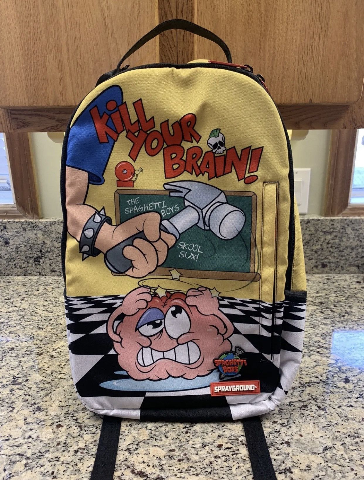 image of Spaghetti Boys x Sprayground "kill Your Brain!" 2017 Backpack in Yellow, Men's