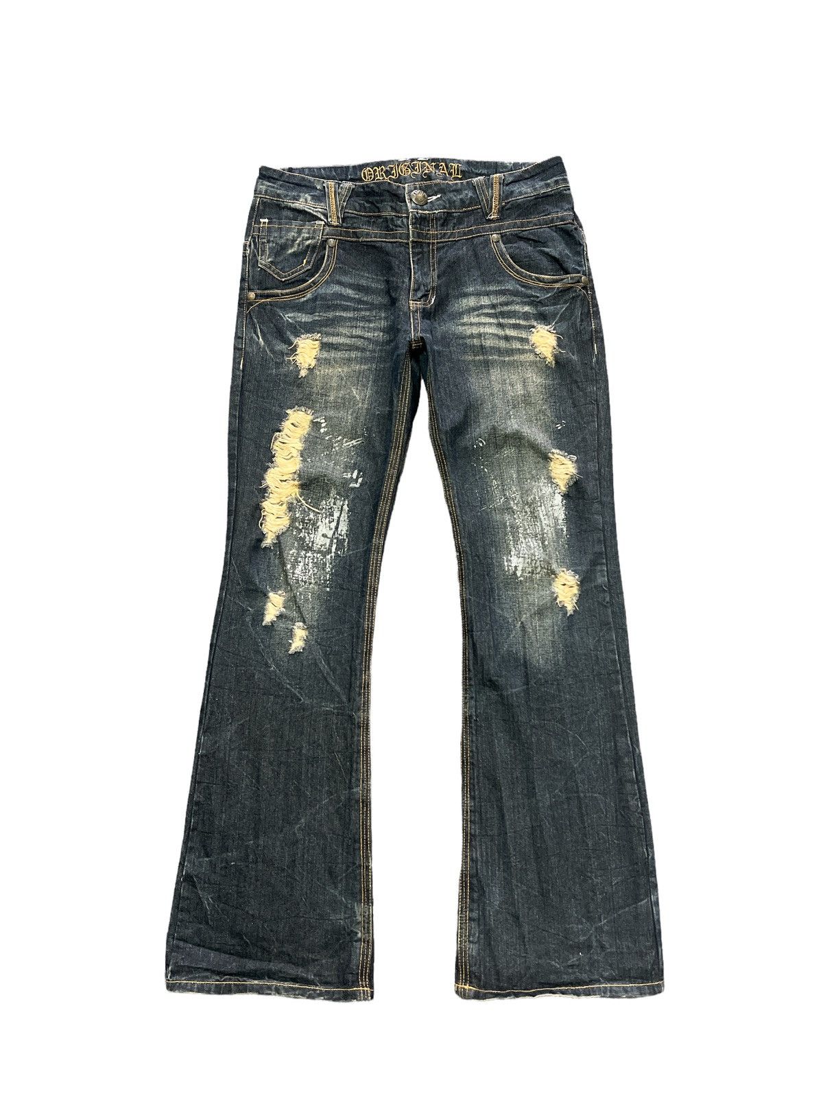 Japanese Brand FLARED 🔥Thrashed RIPPED ORIGINAL JEANS DENIM PANTS Size US 35 - 1 Thumbnail