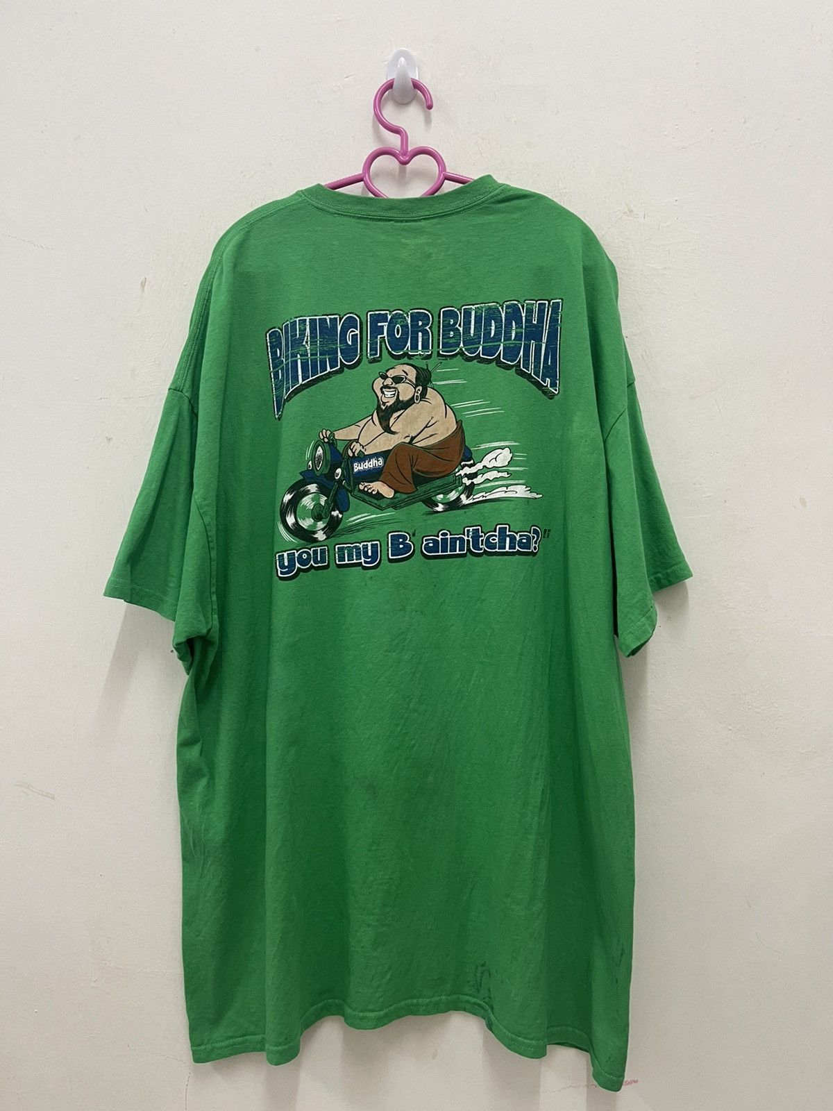 image of Vintage Biking For Buddha Ride Racing Tee in Green, Men's (Size 2XL)